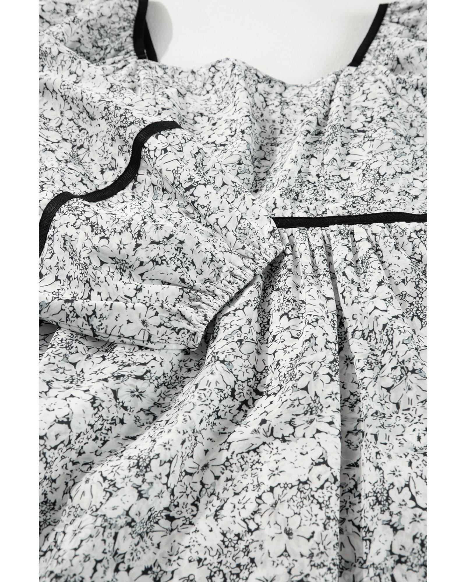 Gray Floral Print Open Back Balloon Sleeve Square Neck Mini Dress - M 3