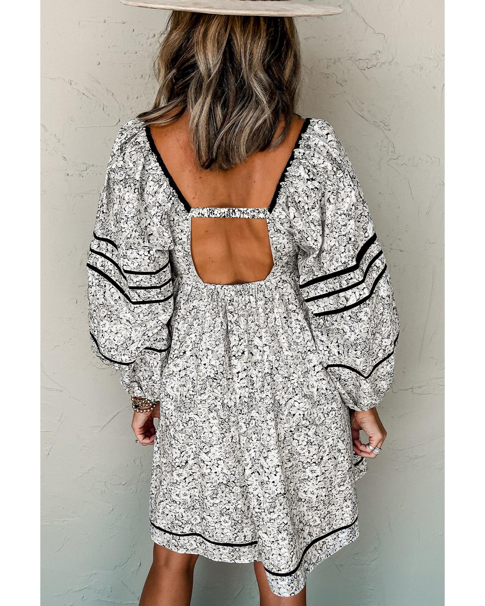 Gray Floral Print Open Back Balloon Sleeve Square Neck Mini Dress - M 4