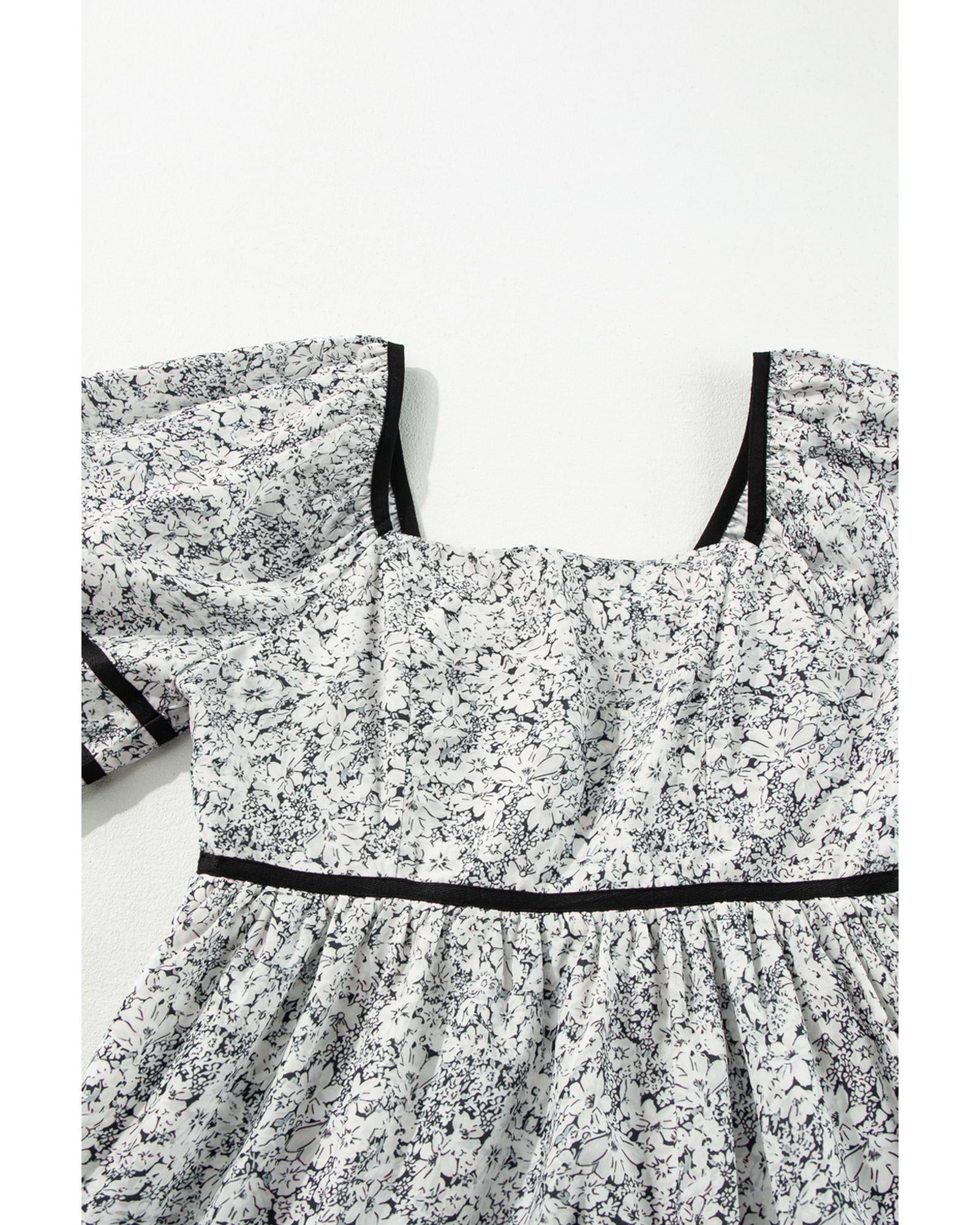 Gray Floral Print Open Back Balloon Sleeve Square Neck Mini Dress - M 6