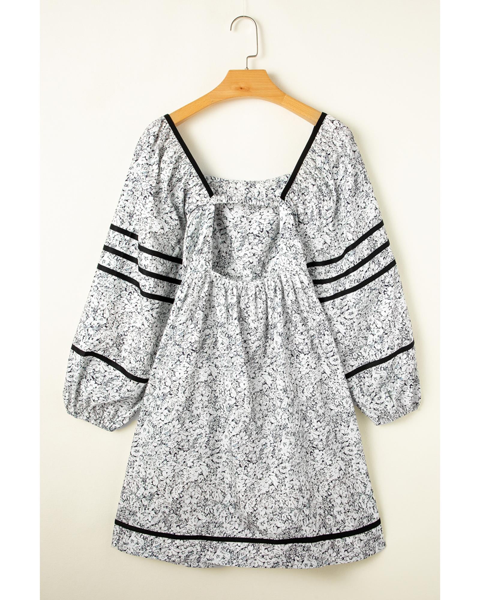 Gray Floral Print Open Back Balloon Sleeve Square Neck Mini Dress - S 3
