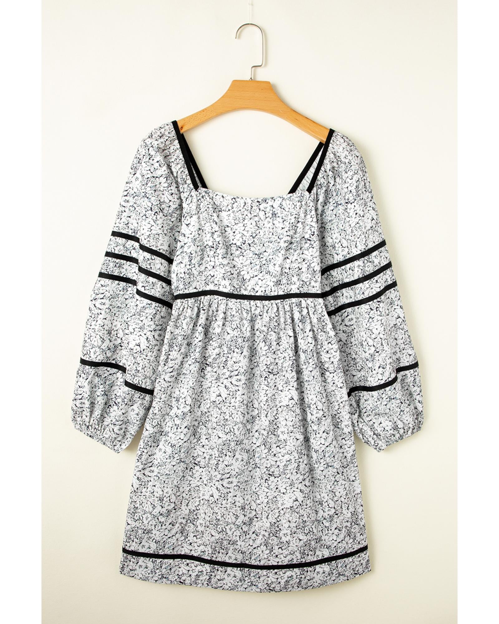 Gray Floral Print Open Back Balloon Sleeve Square Neck Mini Dress - S 7