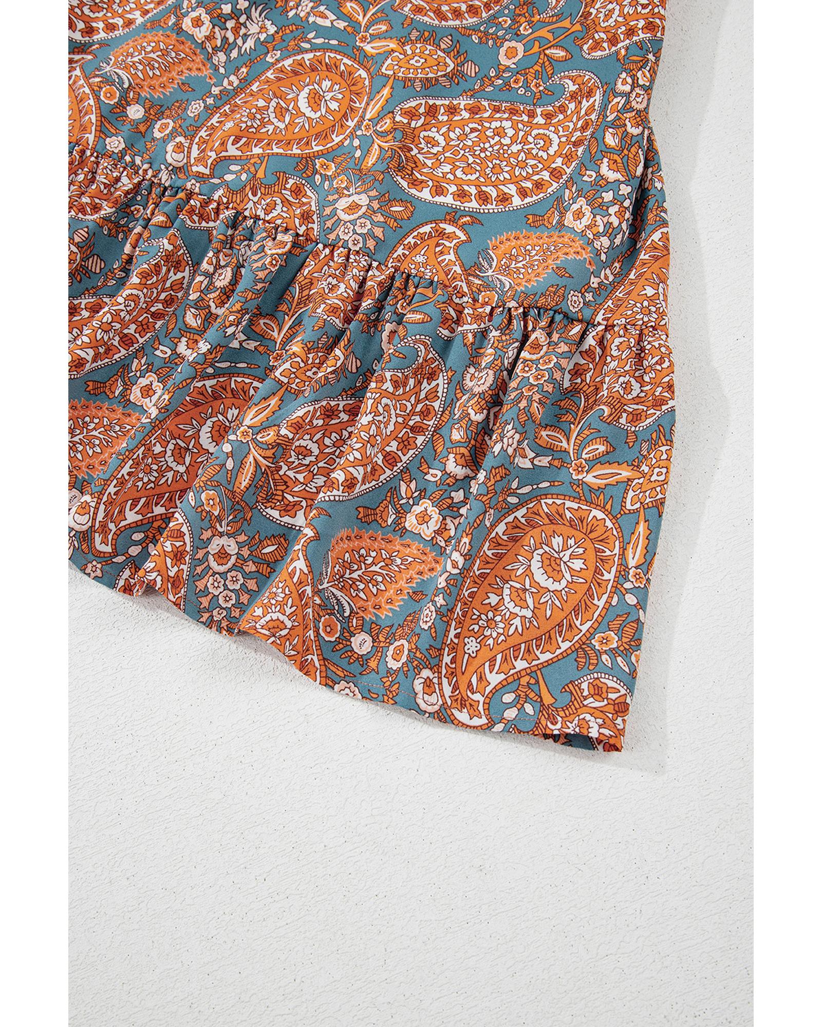 Orange Paisley Print Loose Fit Drawstring High Waist Mini Dress - L 7