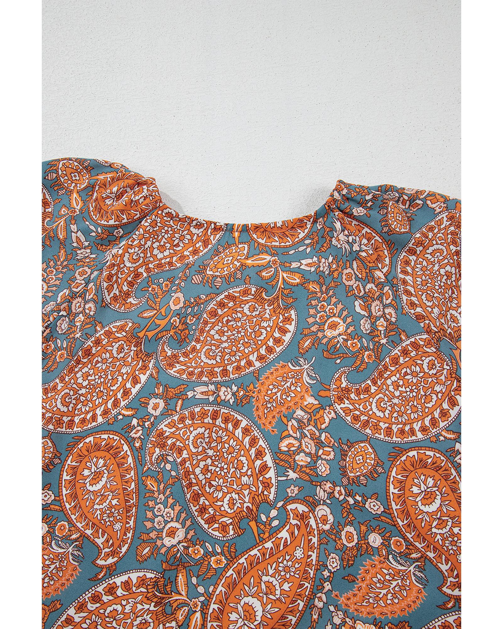 Orange Paisley Print Loose Fit Drawstring High Waist Mini Dress - S 3