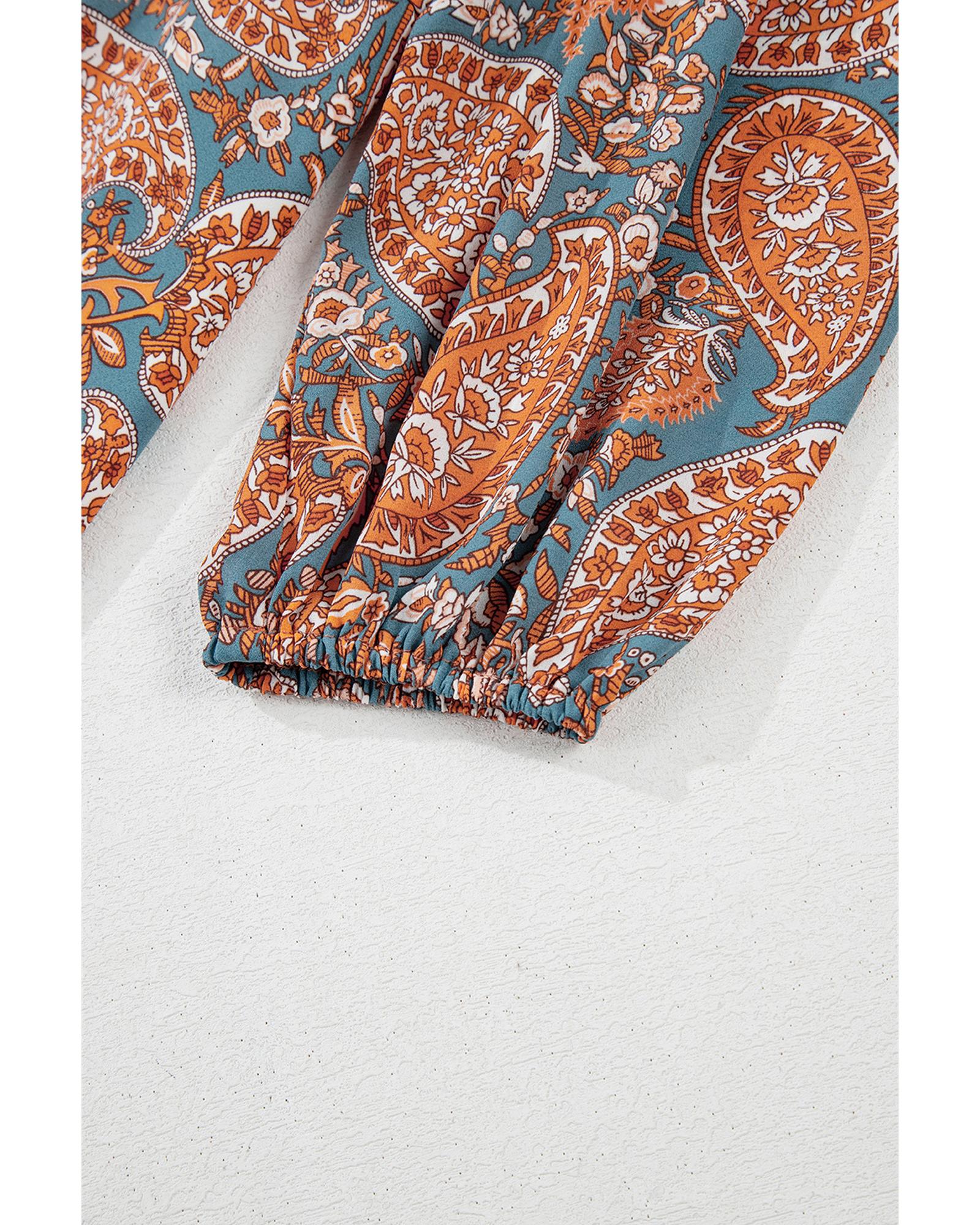 Orange Paisley Print Loose Fit Drawstring High Waist Mini Dress - S 4