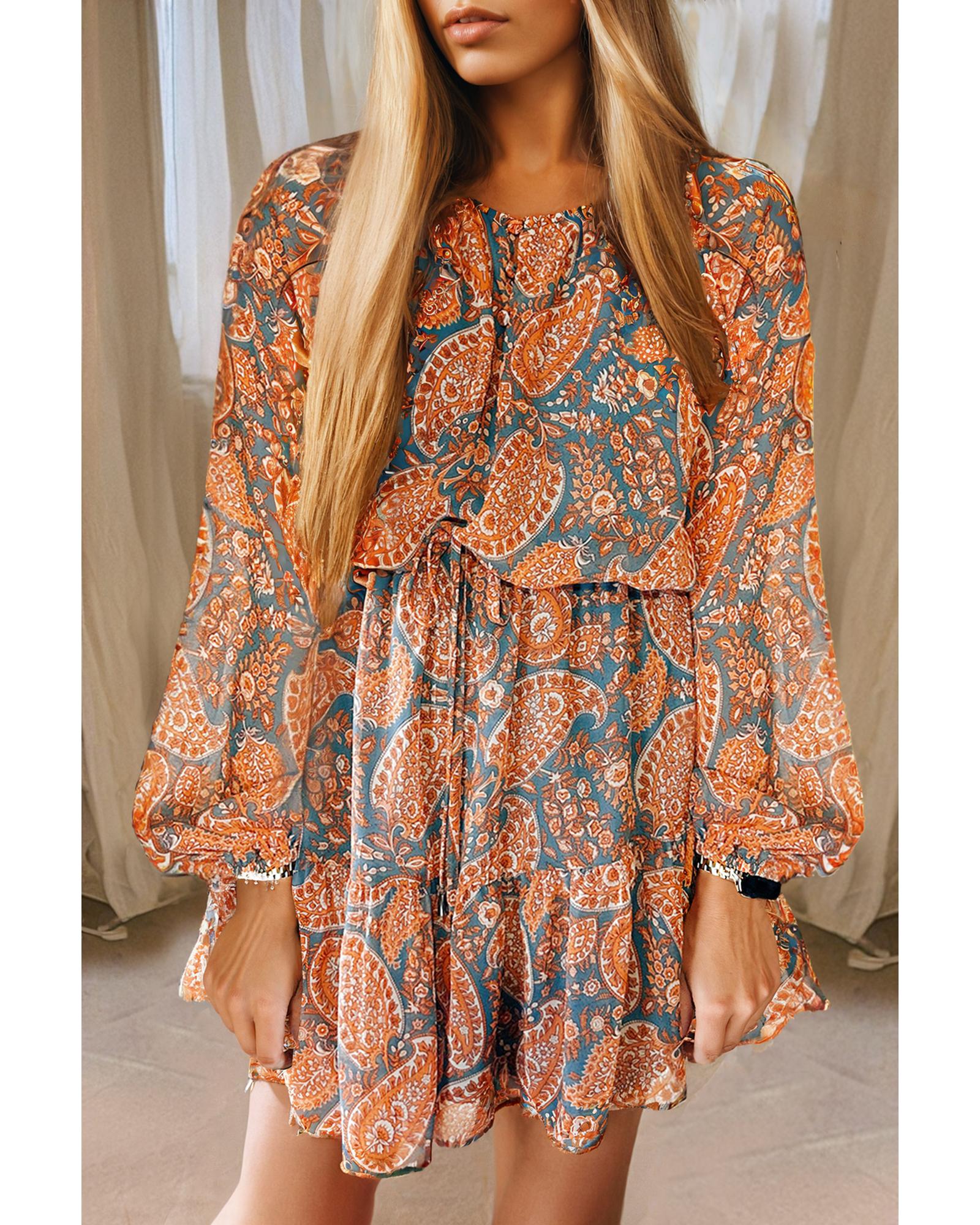 Orange Paisley Print Loose Fit Drawstring High Waist Mini Dress - S 6