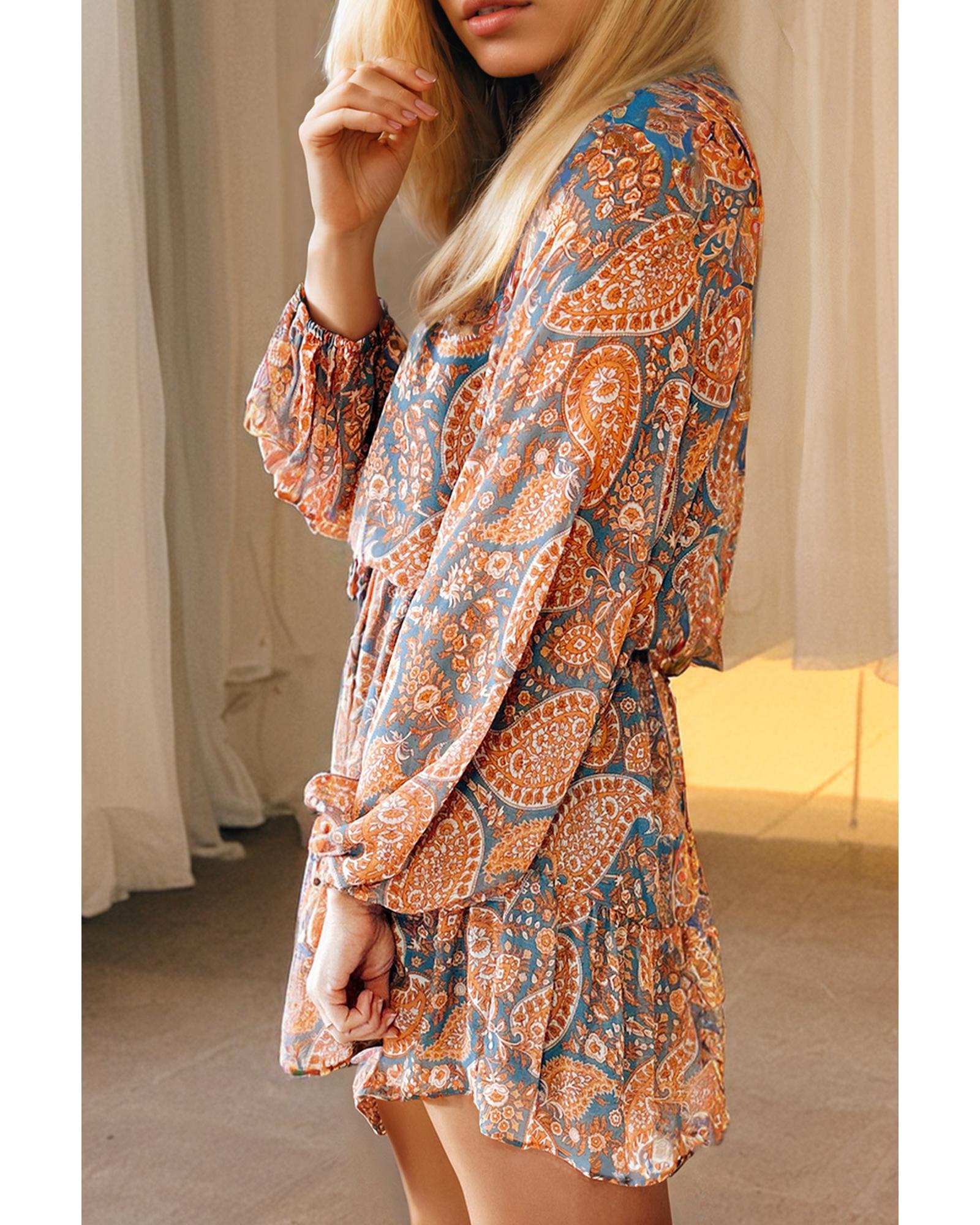 Orange Paisley Print Loose Fit Drawstring High Waist Mini Dress - XL