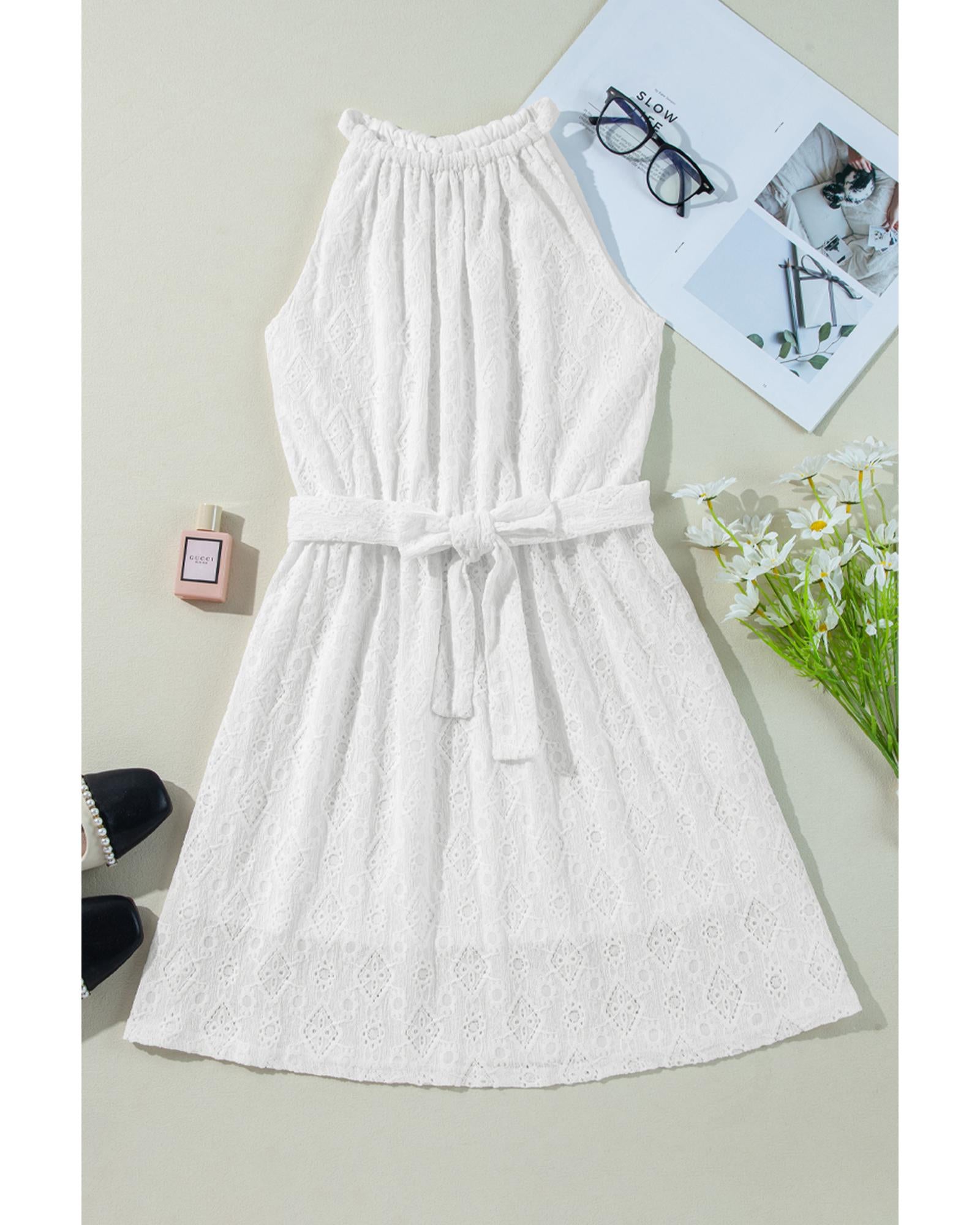 White Lace Sleeveless Knot Hollow Out Back Tied Waist Mini Dress - M 4