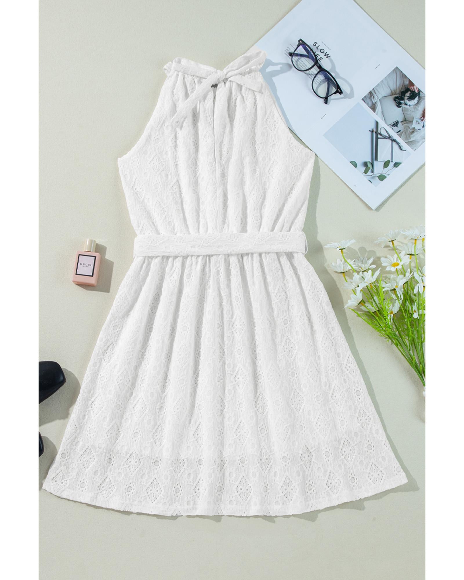White Lace Sleeveless Knot Hollow Out Back Tied Waist Mini Dress - XL 5