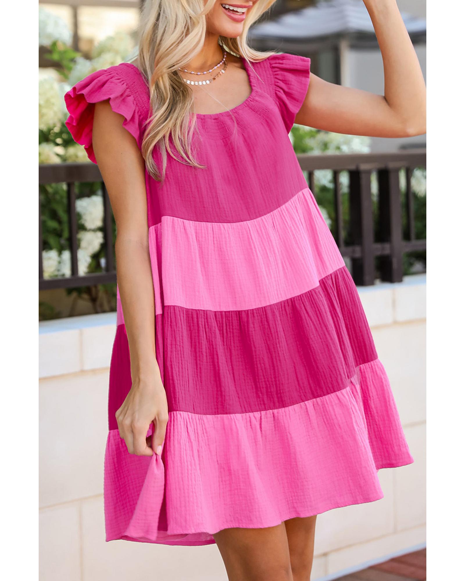 Pink Crinkled Colorblock Patchwork Flutter Tiered Mini Dress - L 5