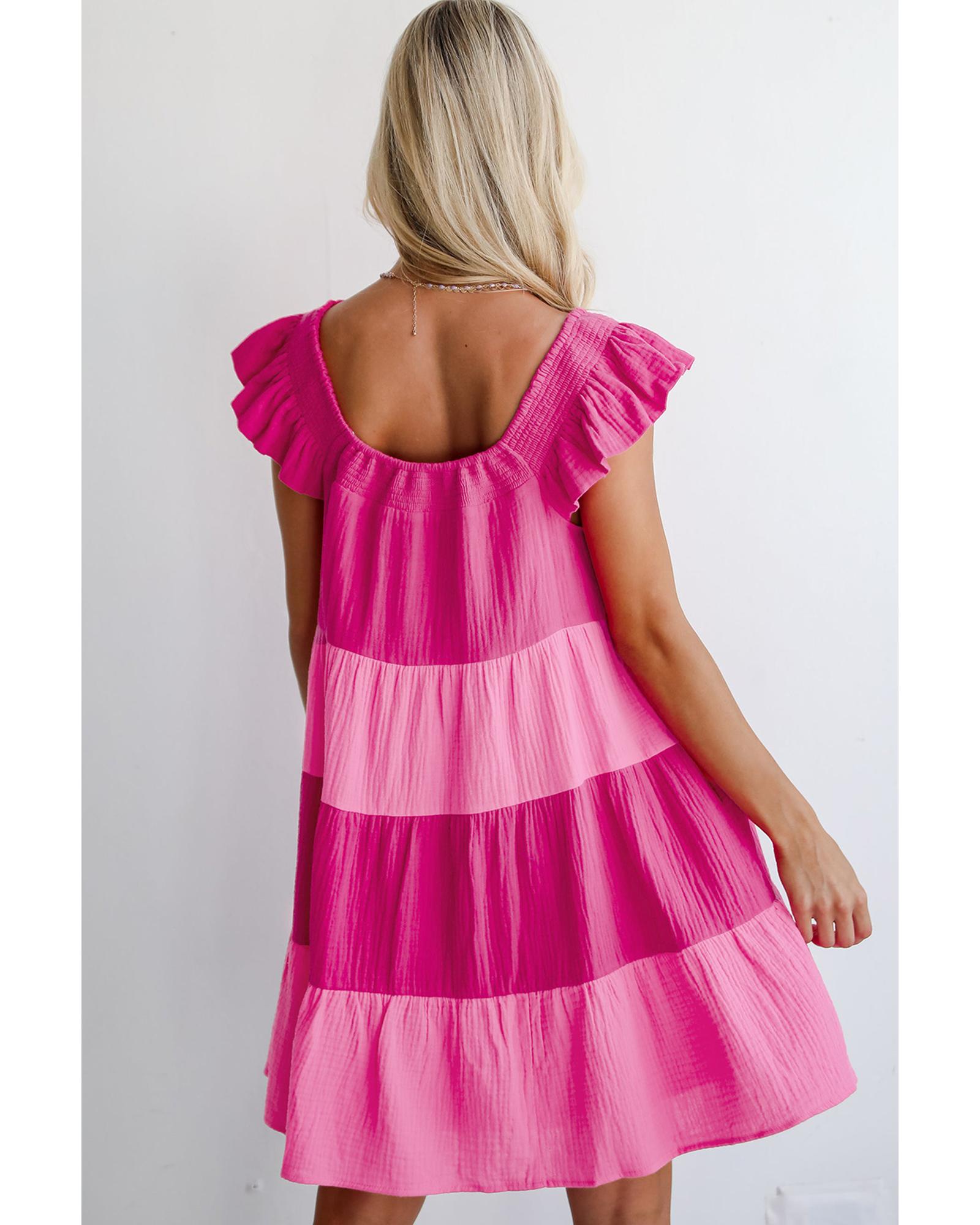 Pink Crinkled Colorblock Patchwork Flutter Tiered Mini Dress - M 3