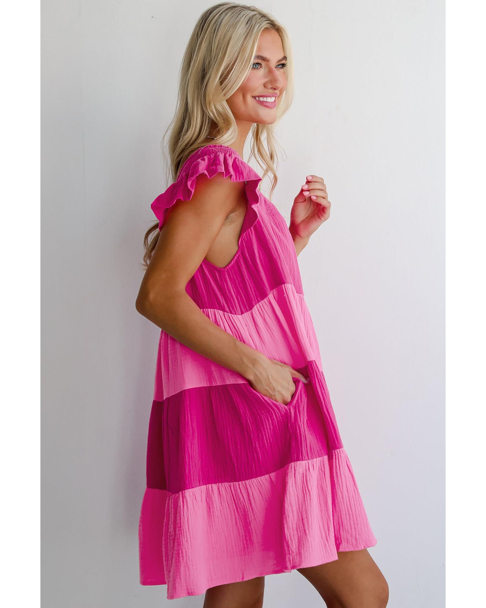 Pink Crinkled Colorblock Patchwork Flutter Tiered Mini Dress - S 4