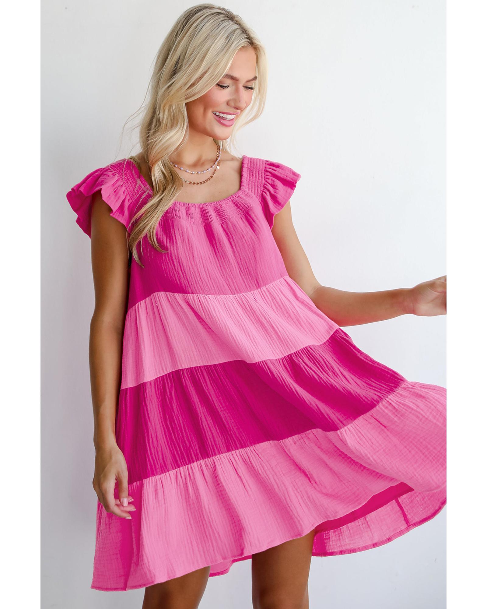 Pink Crinkled Colorblock Patchwork Flutter Tiered Mini Dress - S 6