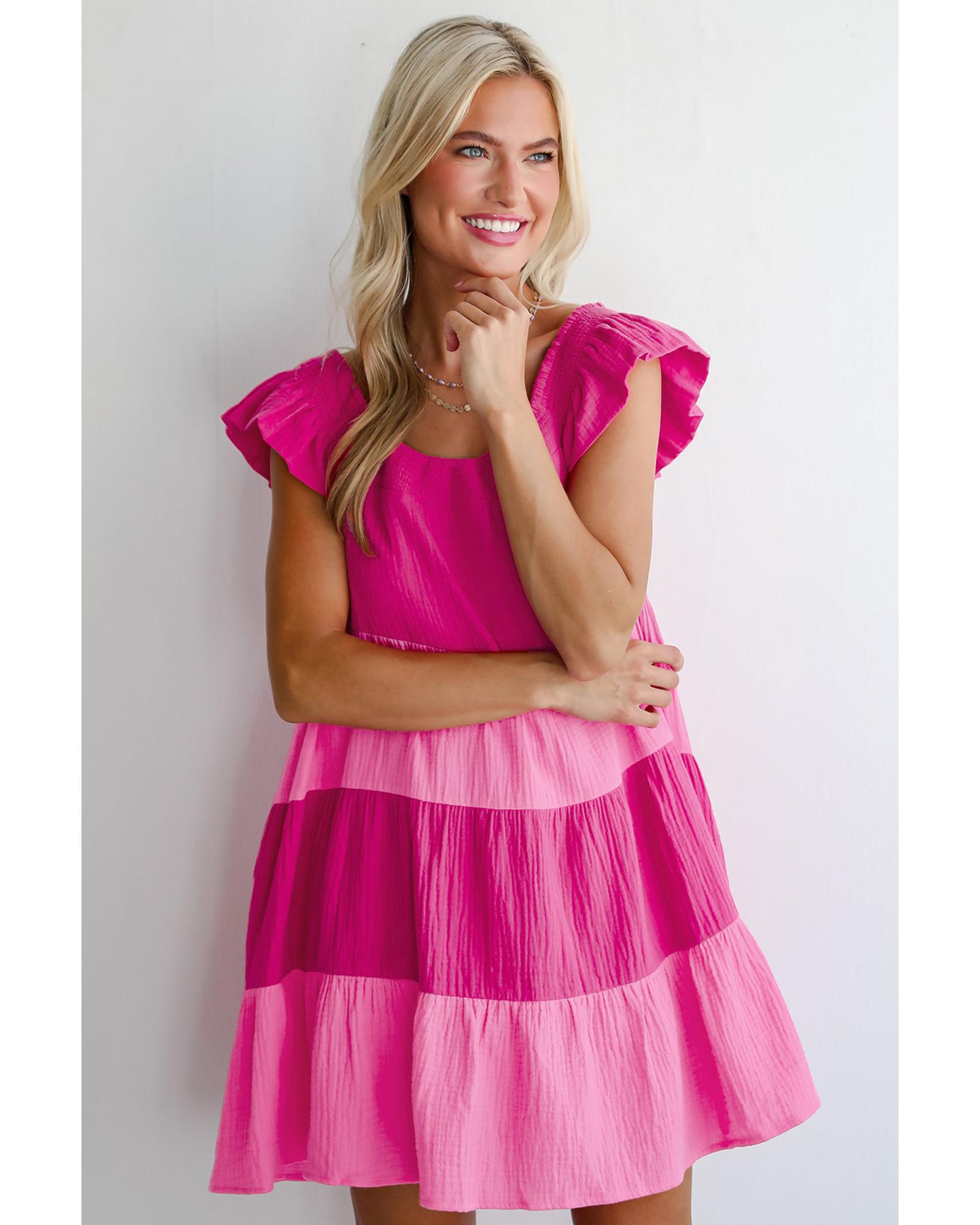 Pink Crinkled Colorblock Patchwork Flutter Tiered Mini Dress - XL