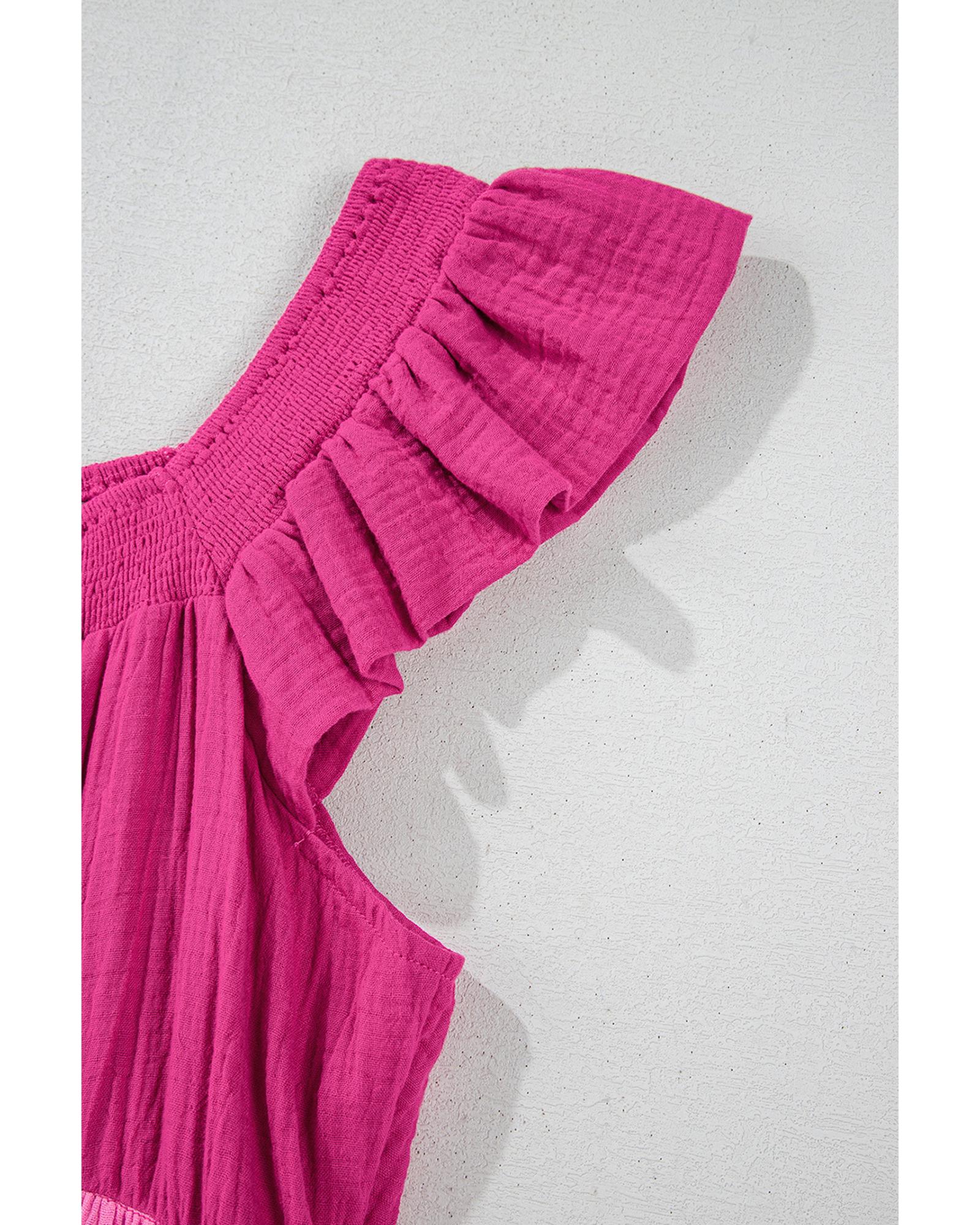 Pink Crinkled Colorblock Patchwork Flutter Tiered Mini Dress - XL 8