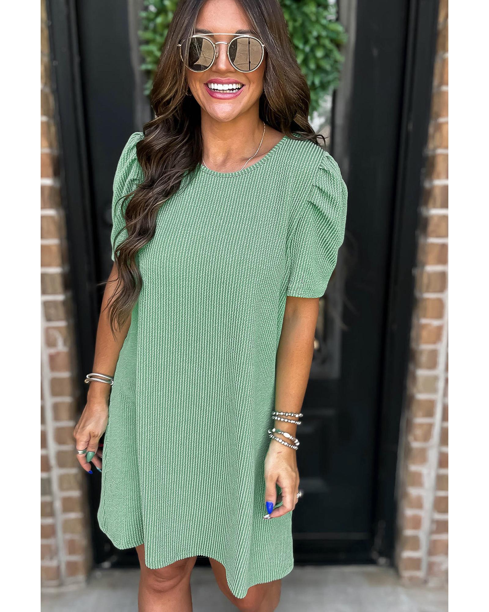 Mint Green Corded Knit Crew Neck Puff Sleeve Shift Mini Dress - L 5