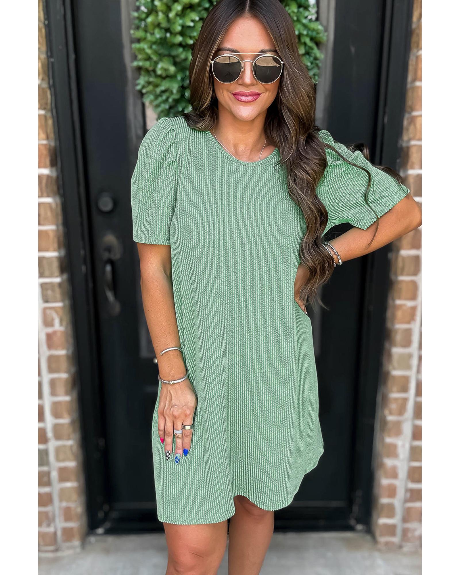 Mint Green Corded Knit Crew Neck Puff Sleeve Shift Mini Dress - M