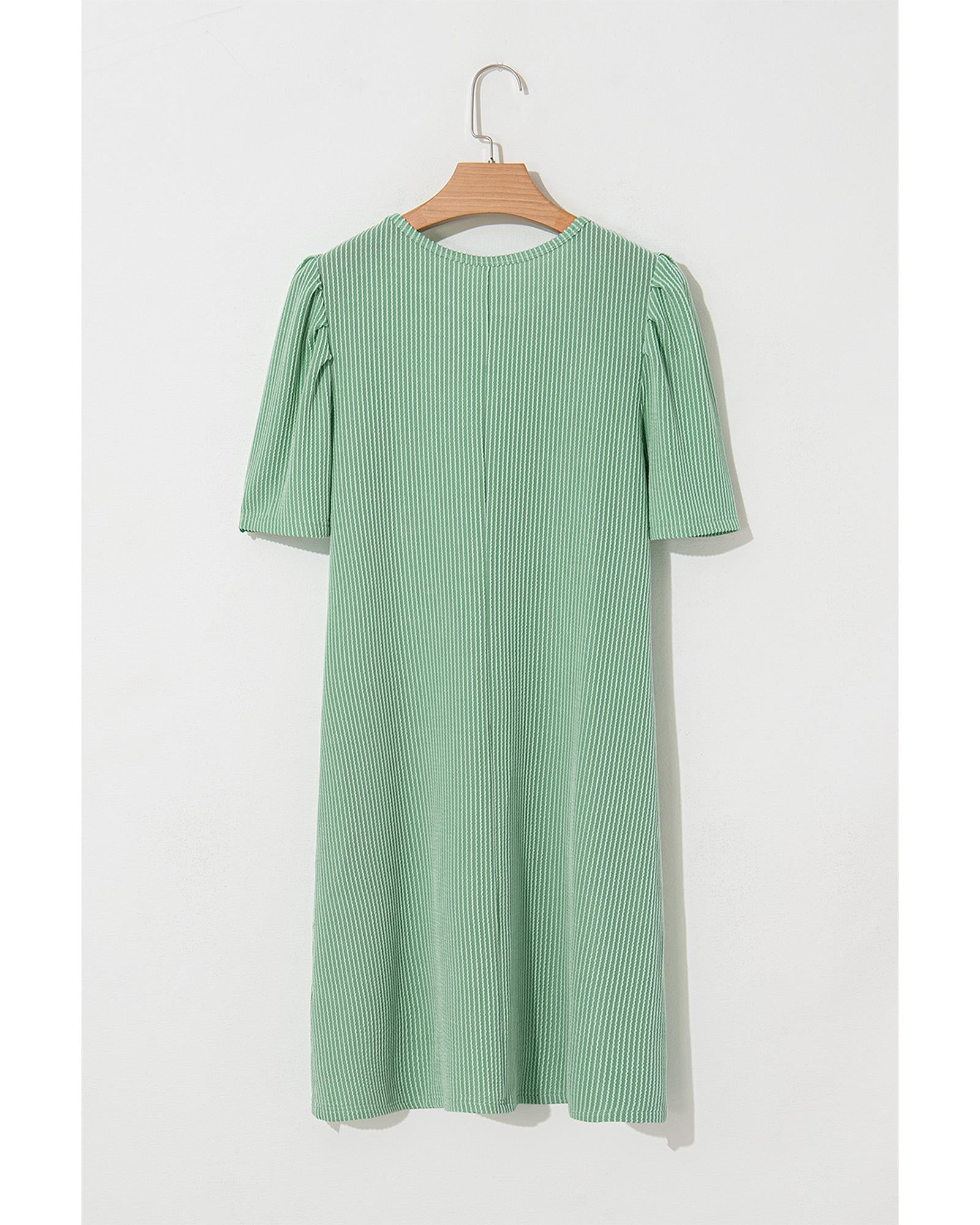 Mint Green Corded Knit Crew Neck Puff Sleeve Shift Mini Dress - M 6