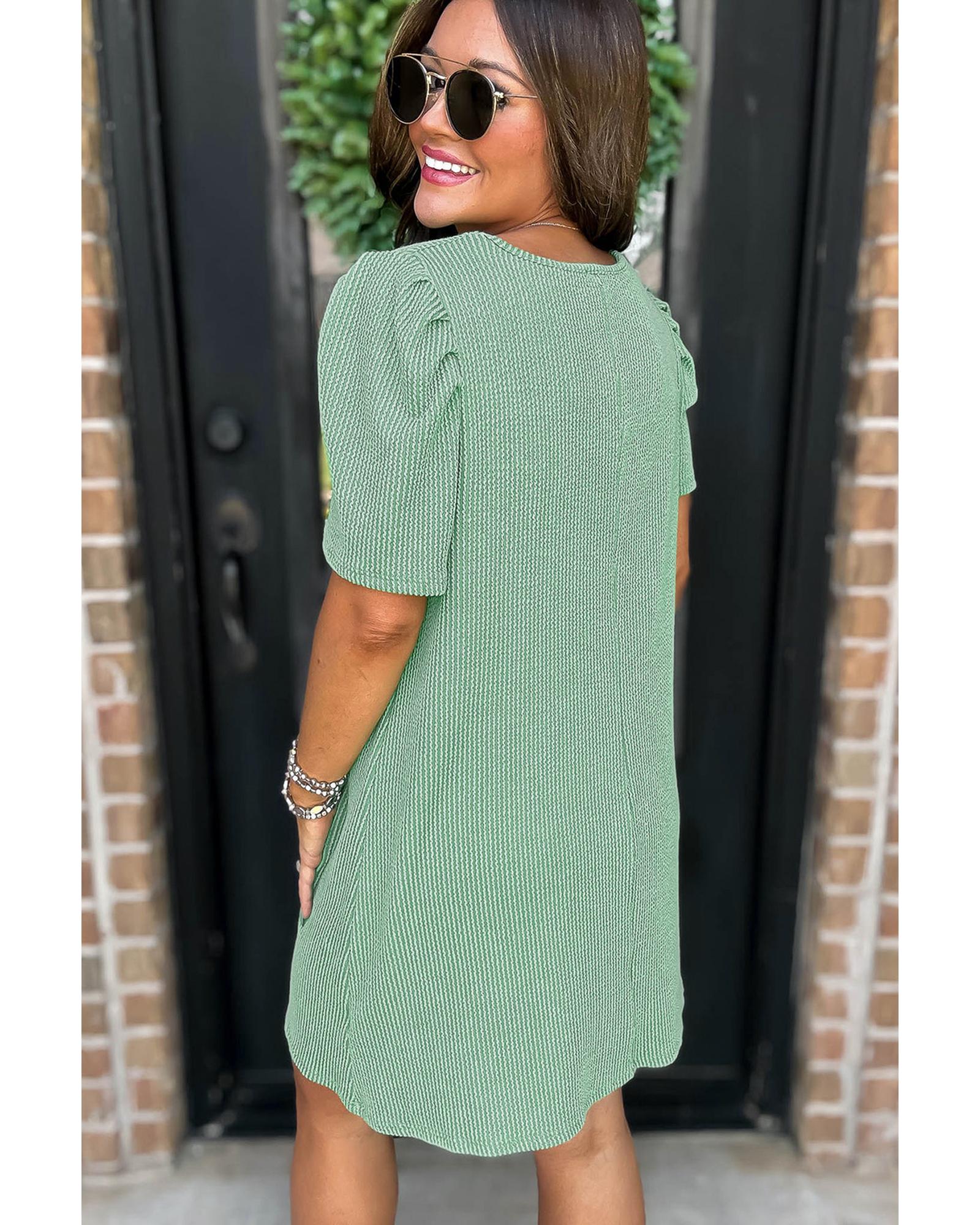 Mint Green Corded Knit Crew Neck Puff Sleeve Shift Mini Dress - M 8