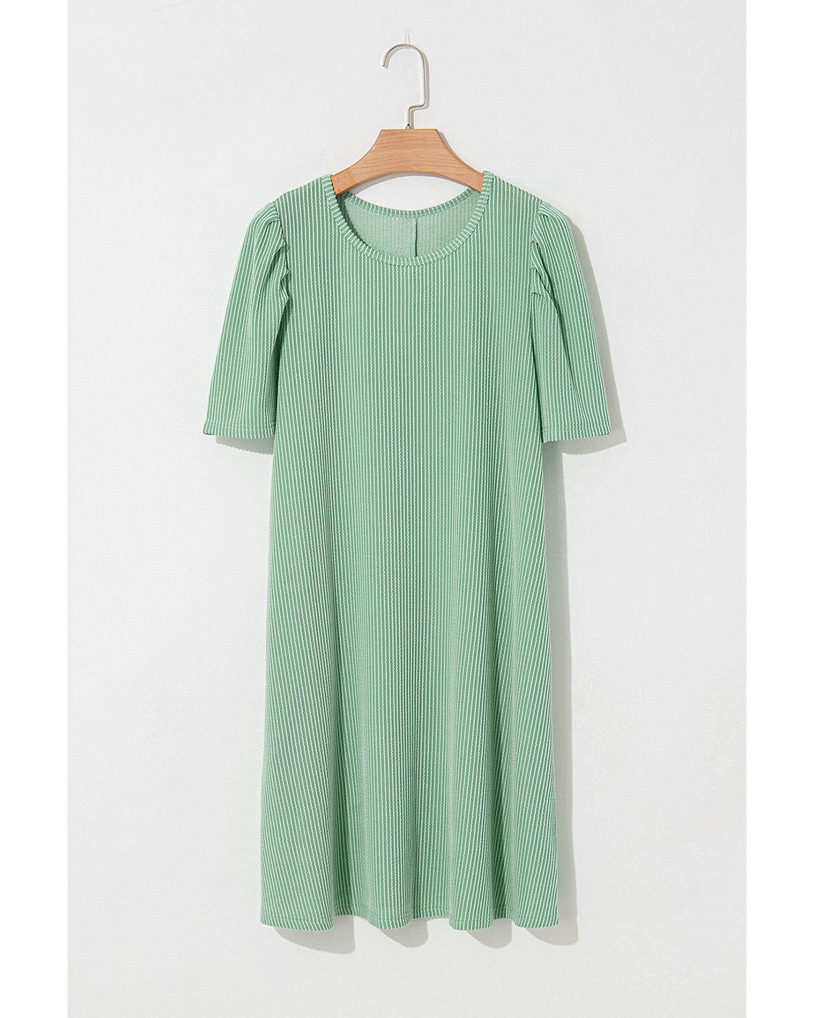 Mint Green Corded Knit Crew Neck Puff Sleeve Shift Mini Dress - S 7