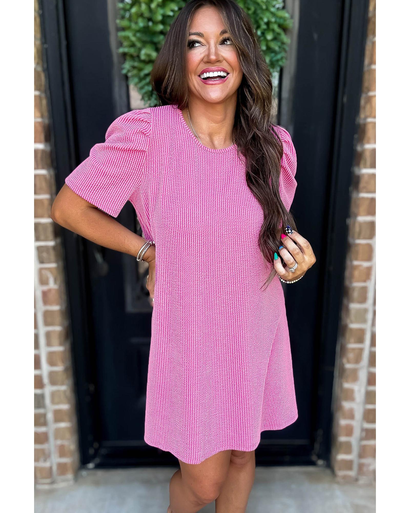 Bright Pink Corded Knit Crew Neck Puff Sleeve Shift Mini Dress - L 7