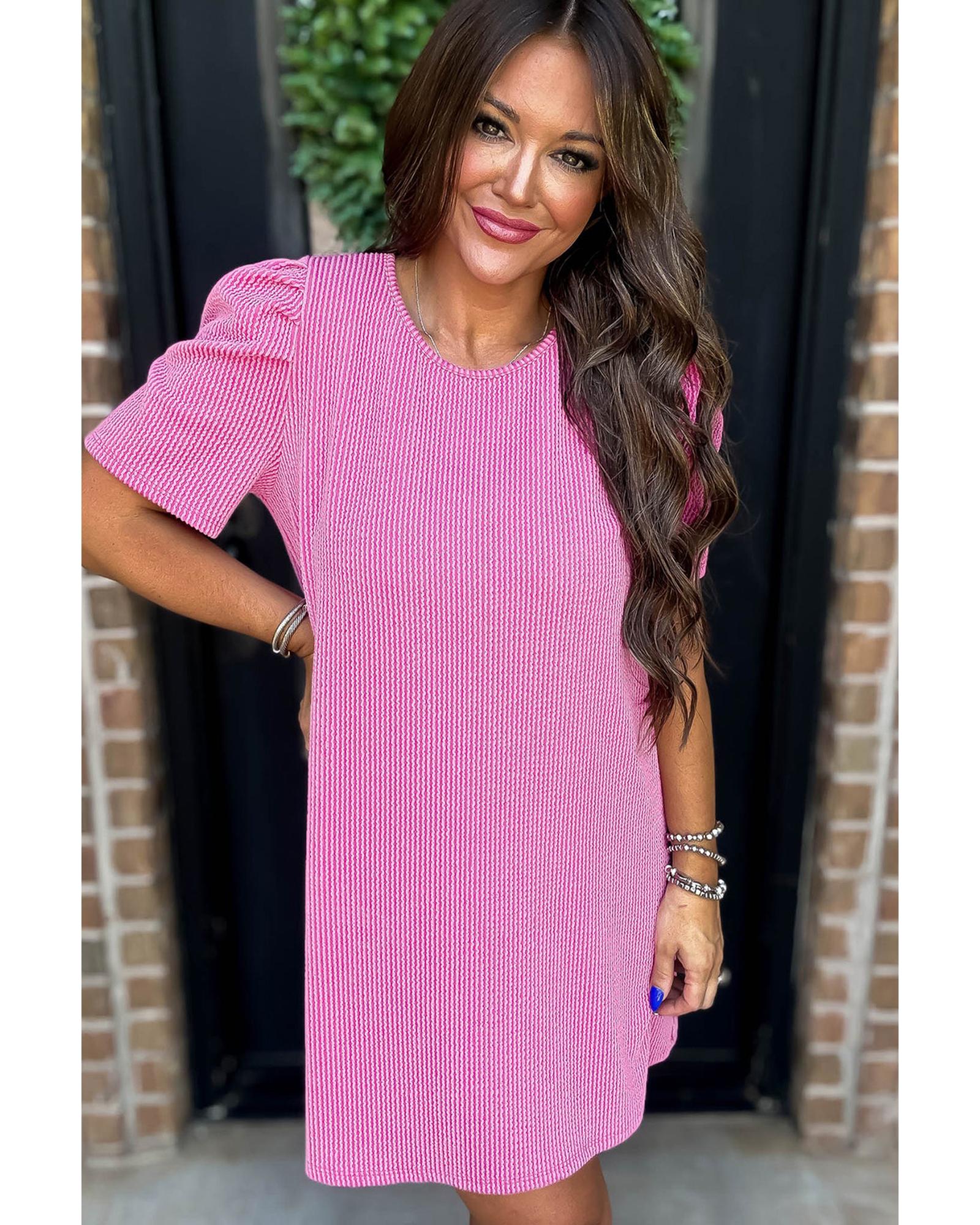 Bright Pink Corded Knit Crew Neck Puff Sleeve Shift Mini Dress - M 6