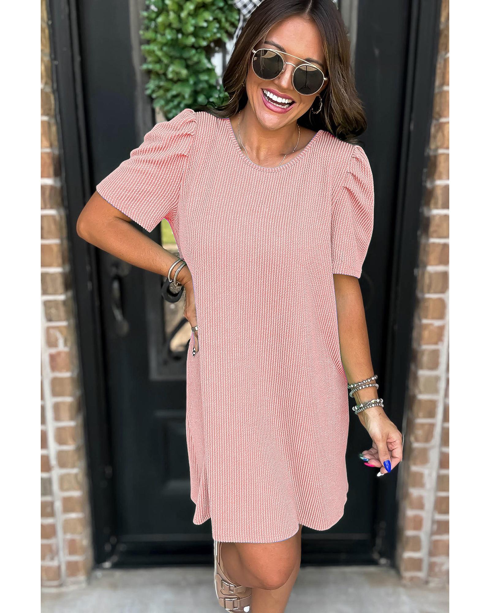 Blossom Corded Knit Crew Neck Puff Sleeve Shift Mini Dress - L 3