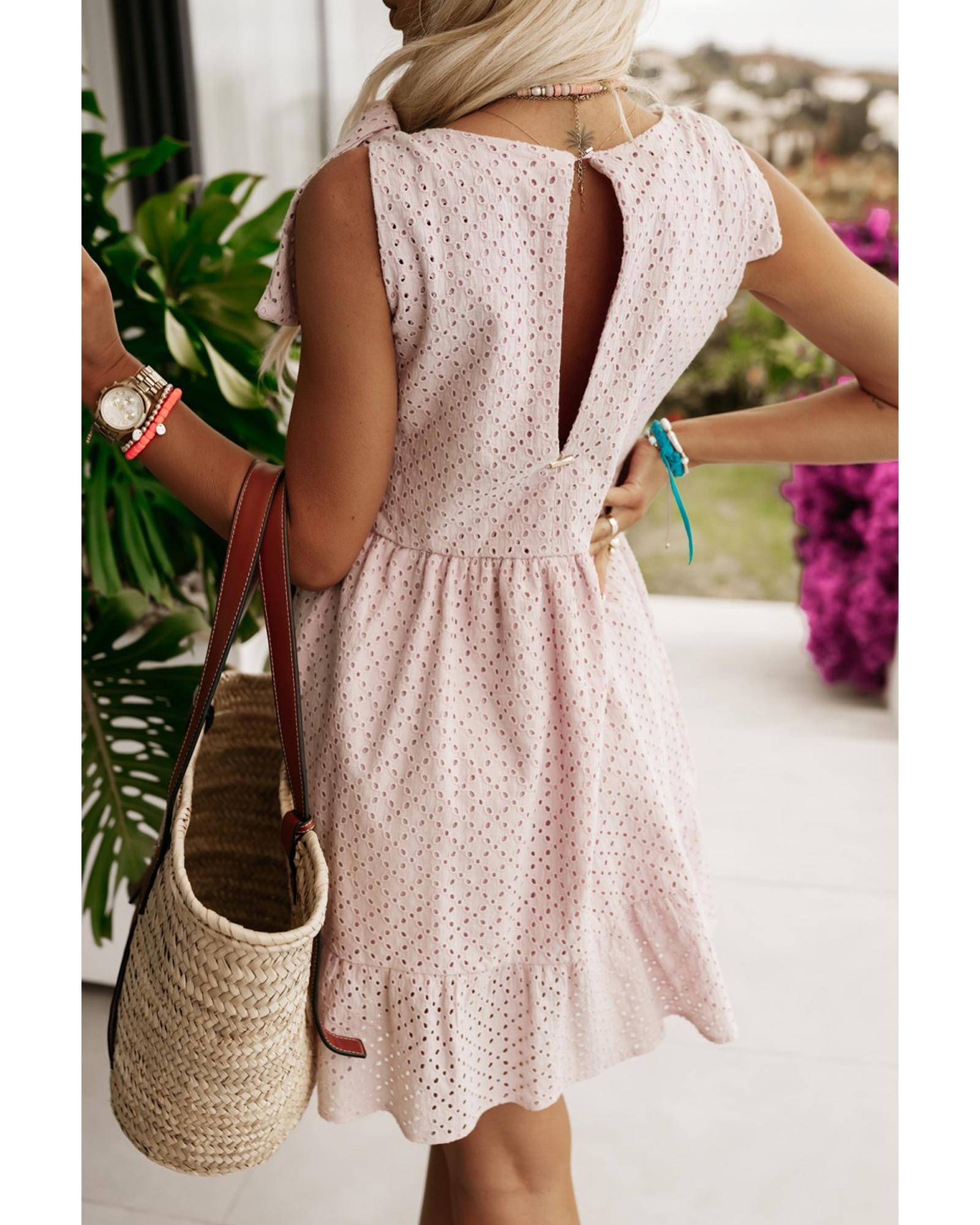 Delicacy Embroidered Eyelets Ruffled Hem Sleeveless Mini Dress - S