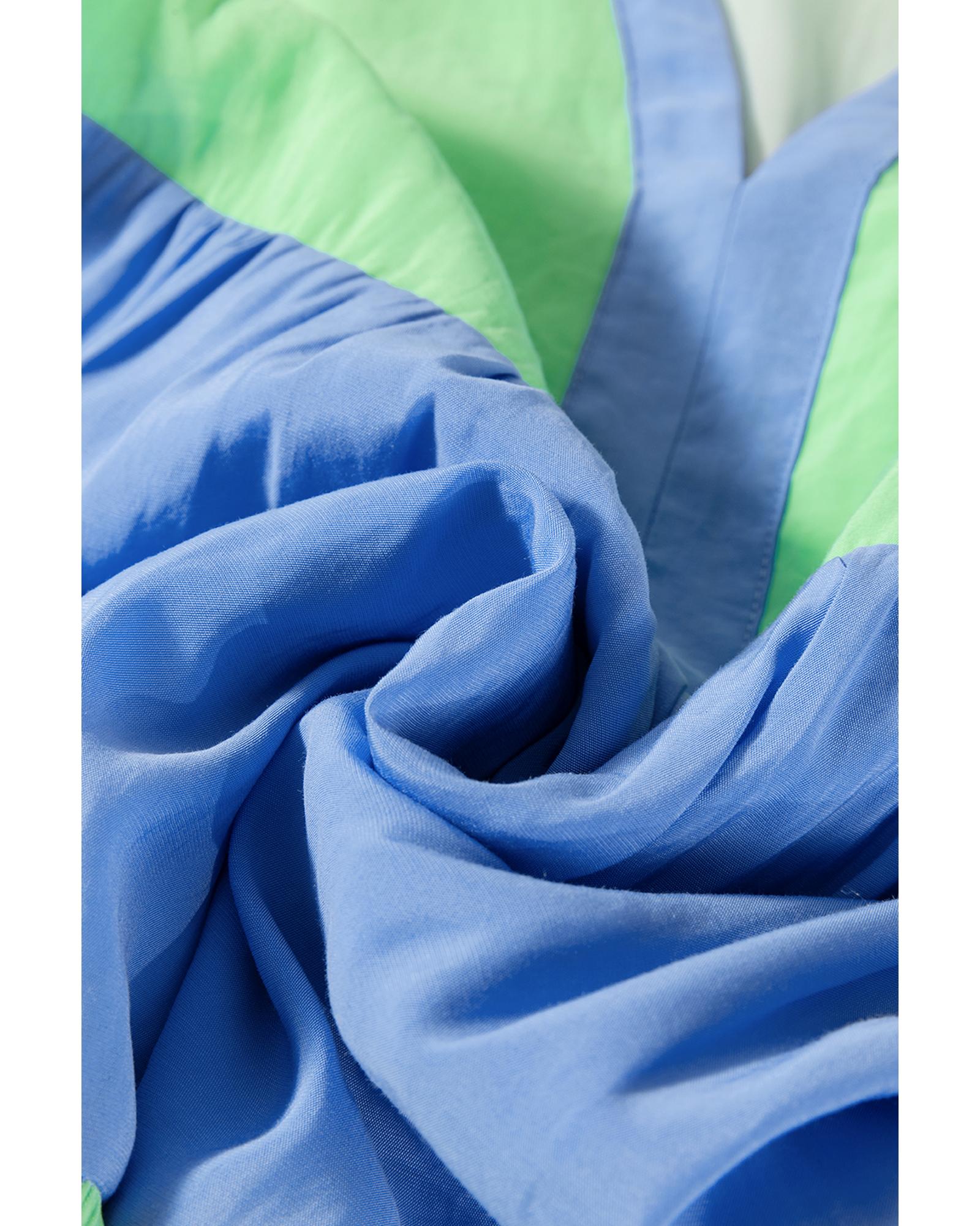 Dark Blue Colorblock Frilled V Neck Puff Half Sleeve Shift Dress - S