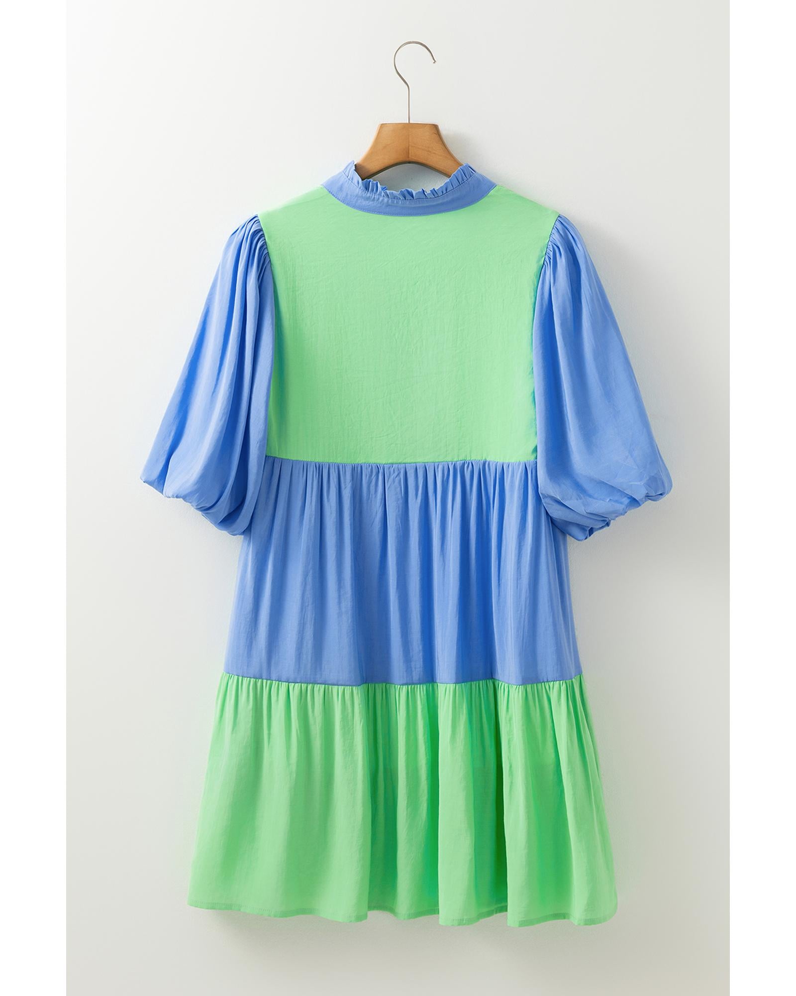 Dark Blue Colorblock Frilled V Neck Puff Half Sleeve Shift Dress - S