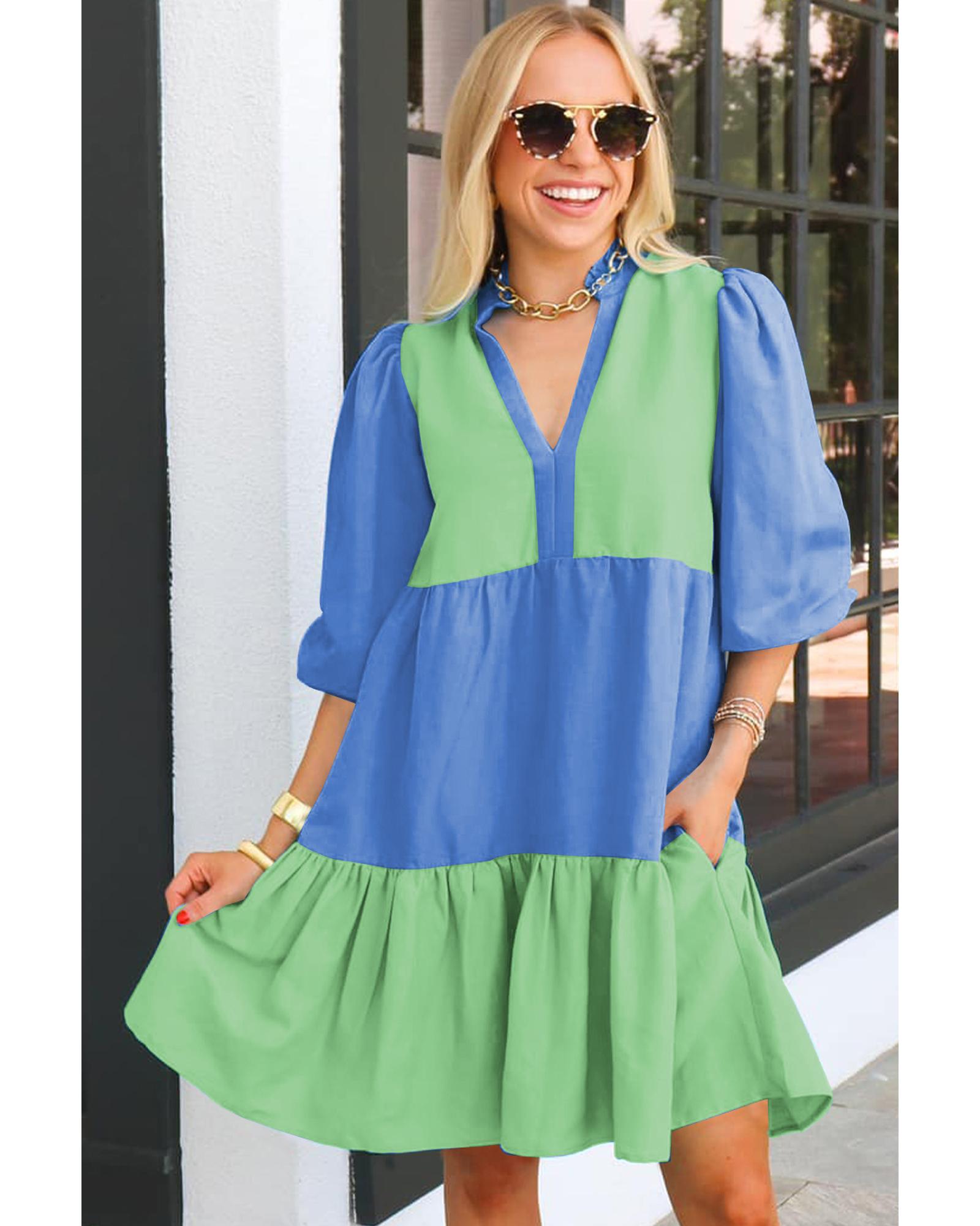 Dark Blue Colorblock Frilled V Neck Puff Half Sleeve Shift Dress - S 3