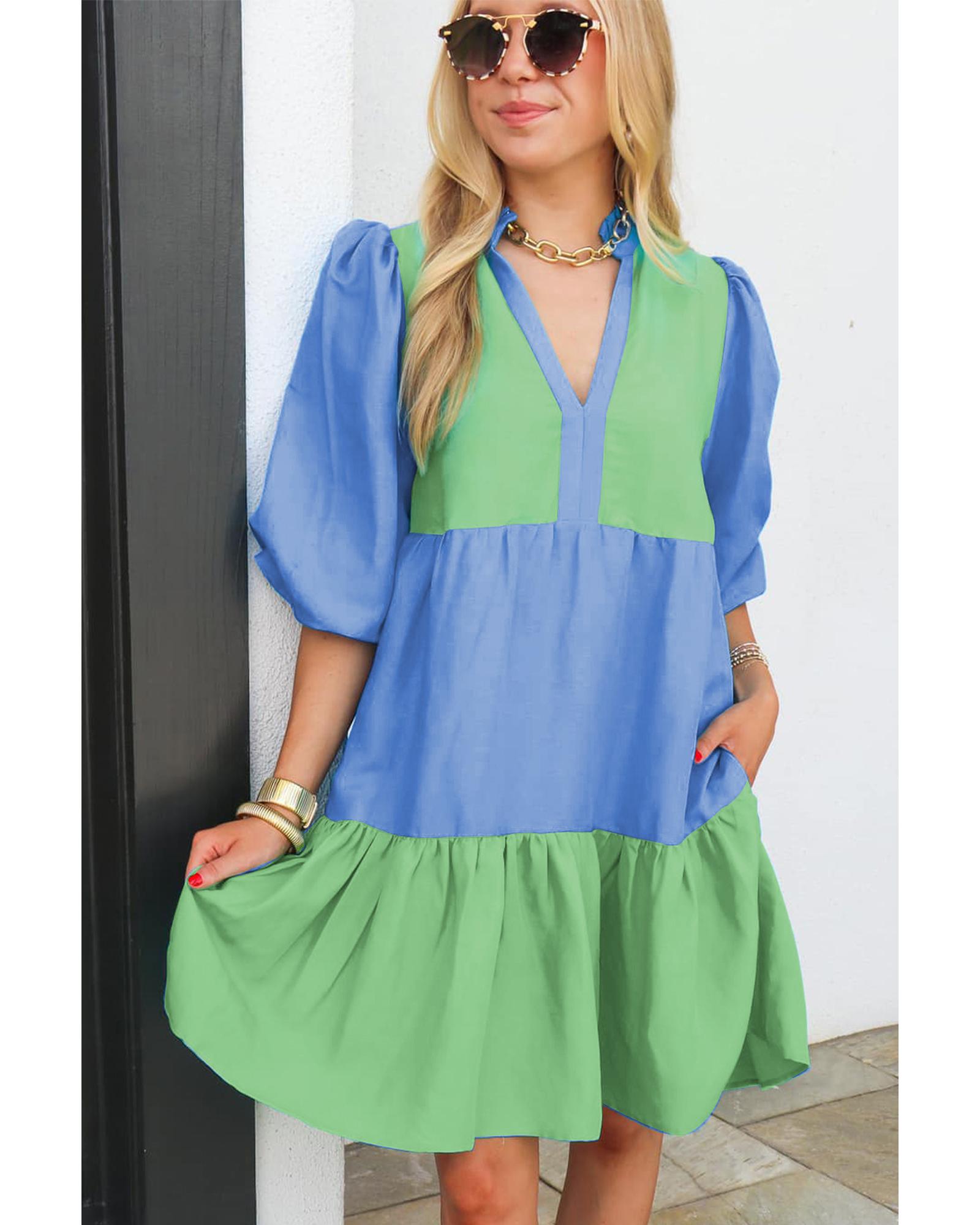 Dark Blue Colorblock Frilled V Neck Puff Half Sleeve Shift Dress - S 4