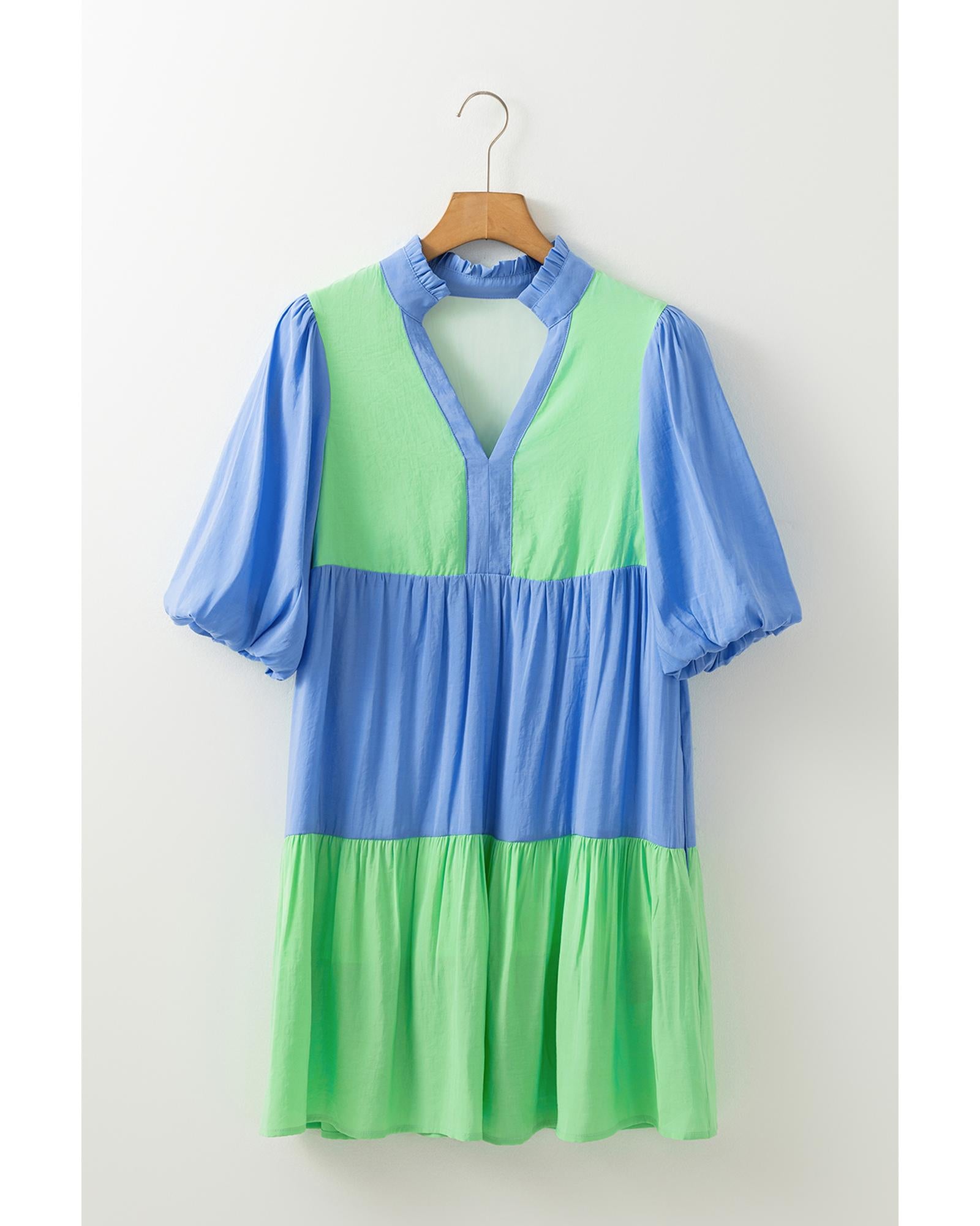 Dark Blue Colorblock Frilled V Neck Puff Half Sleeve Shift Dress - S 6