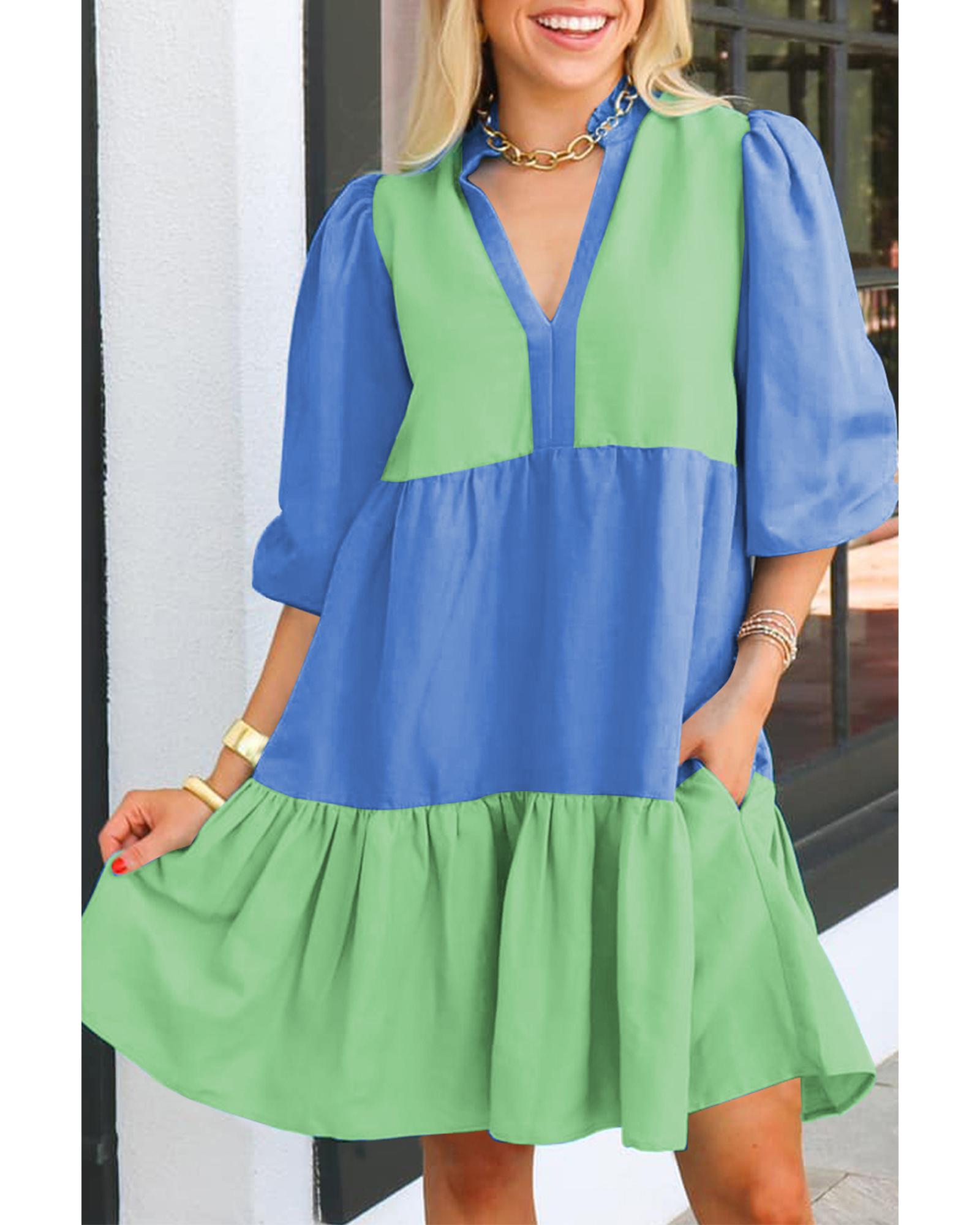 Dark Blue Colorblock Frilled V Neck Puff Half Sleeve Shift Dress - S 8
