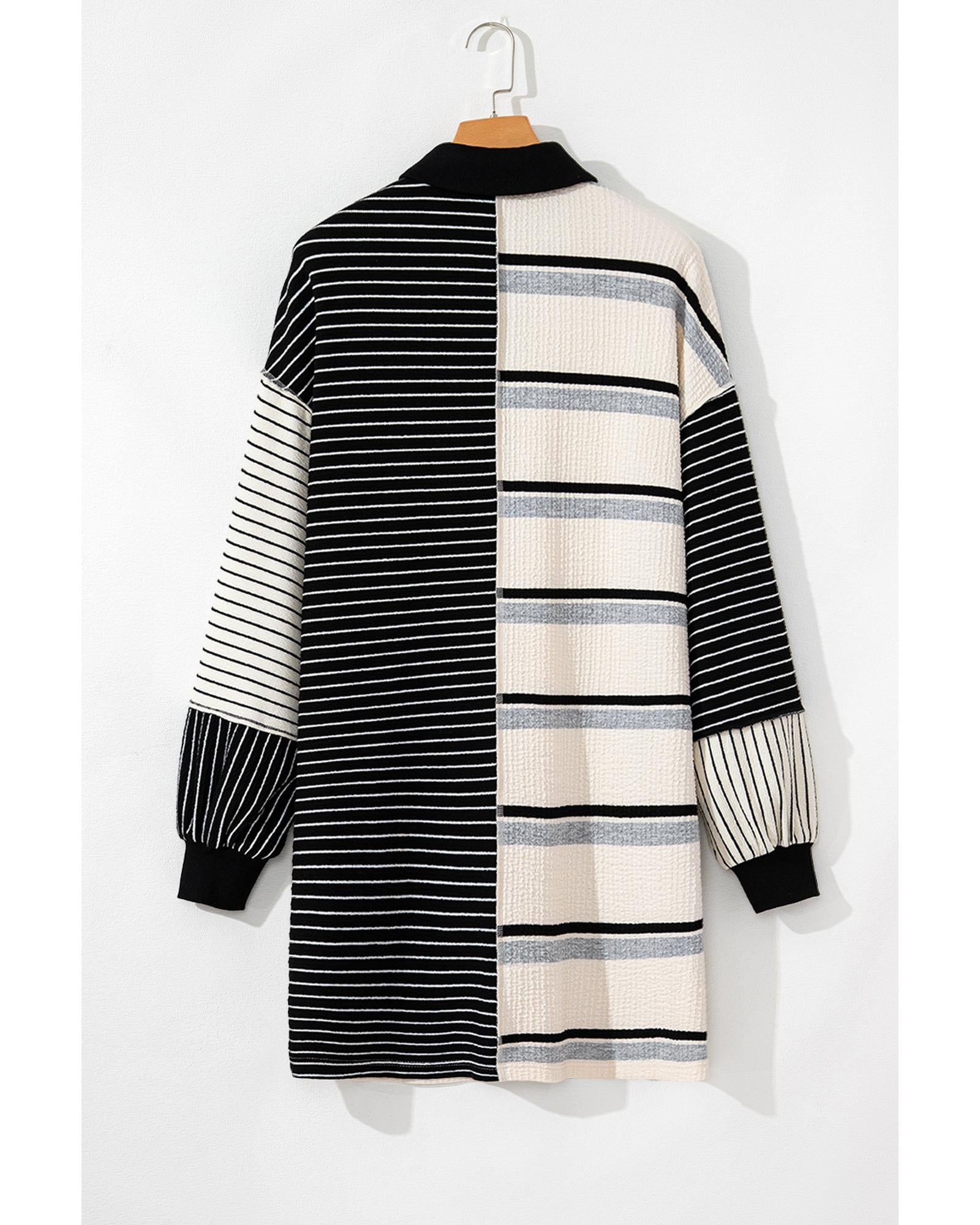Black Stripe Colorblock Knit Henley Collar Shift Long Sleeve Mini Dress - L 3