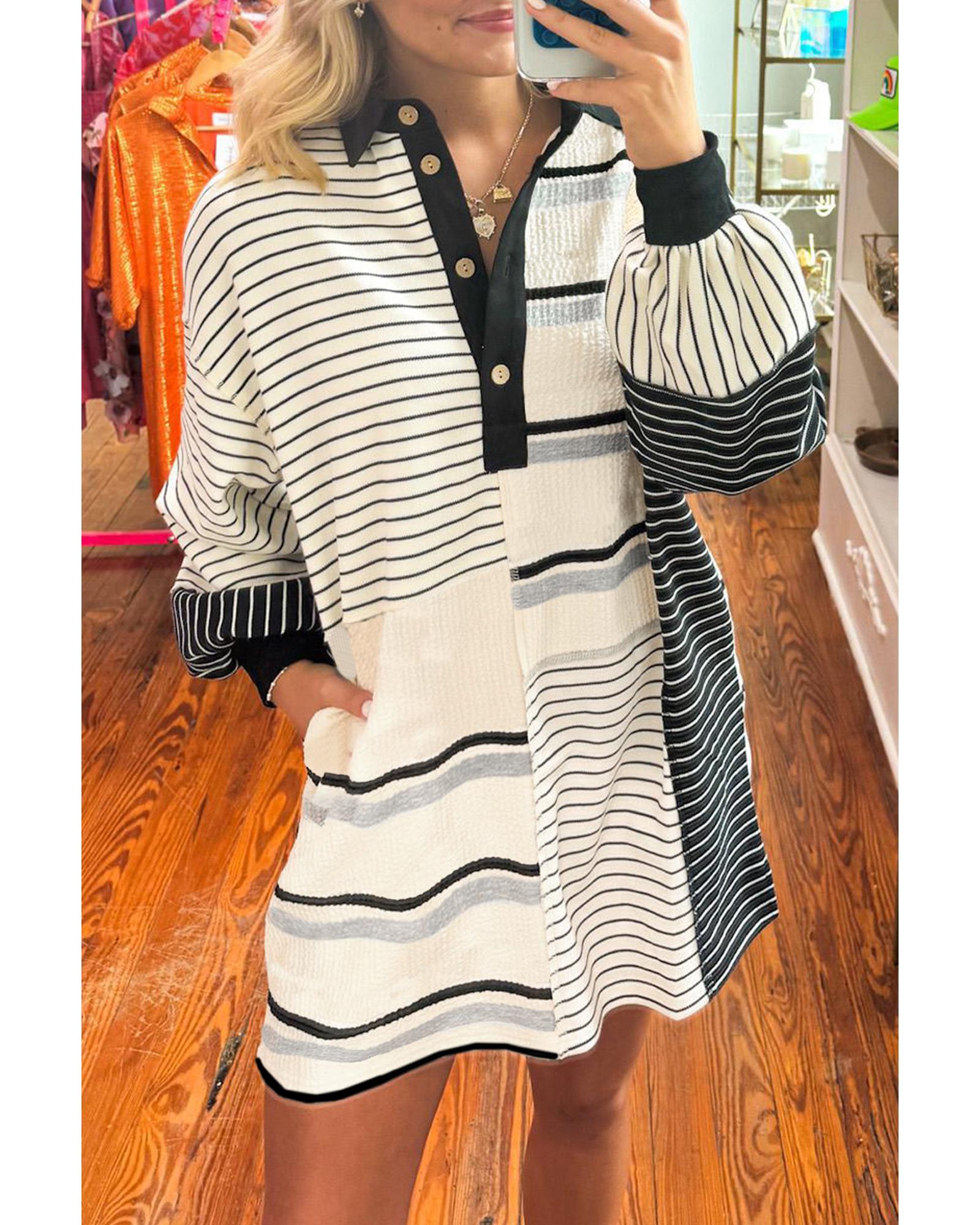 Black Stripe Colorblock Knit Henley Collar Shift Long Sleeve Mini Dress - L 4