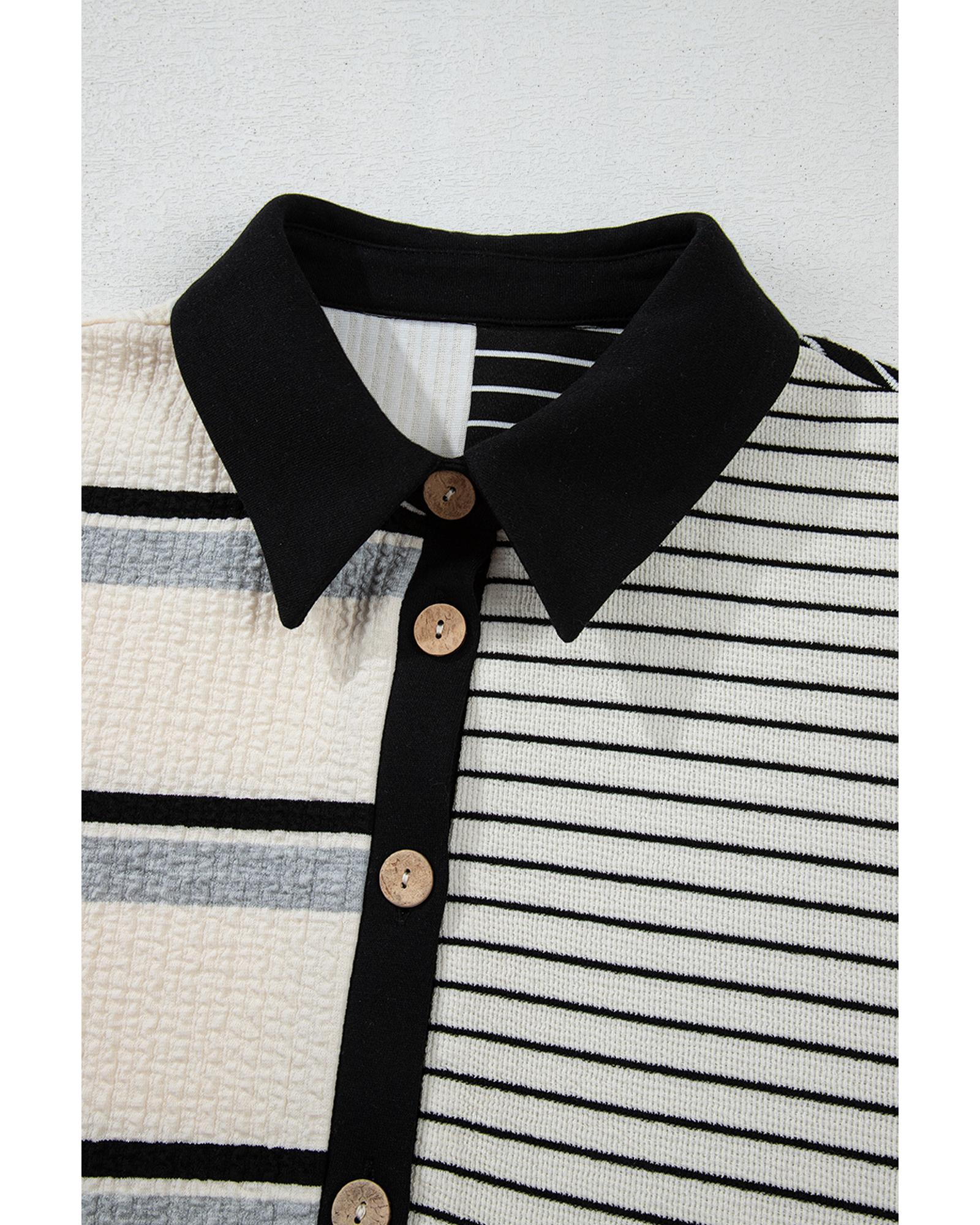 Black Stripe Colorblock Knit Henley Collar Shift Long Sleeve Mini Dress - L 6