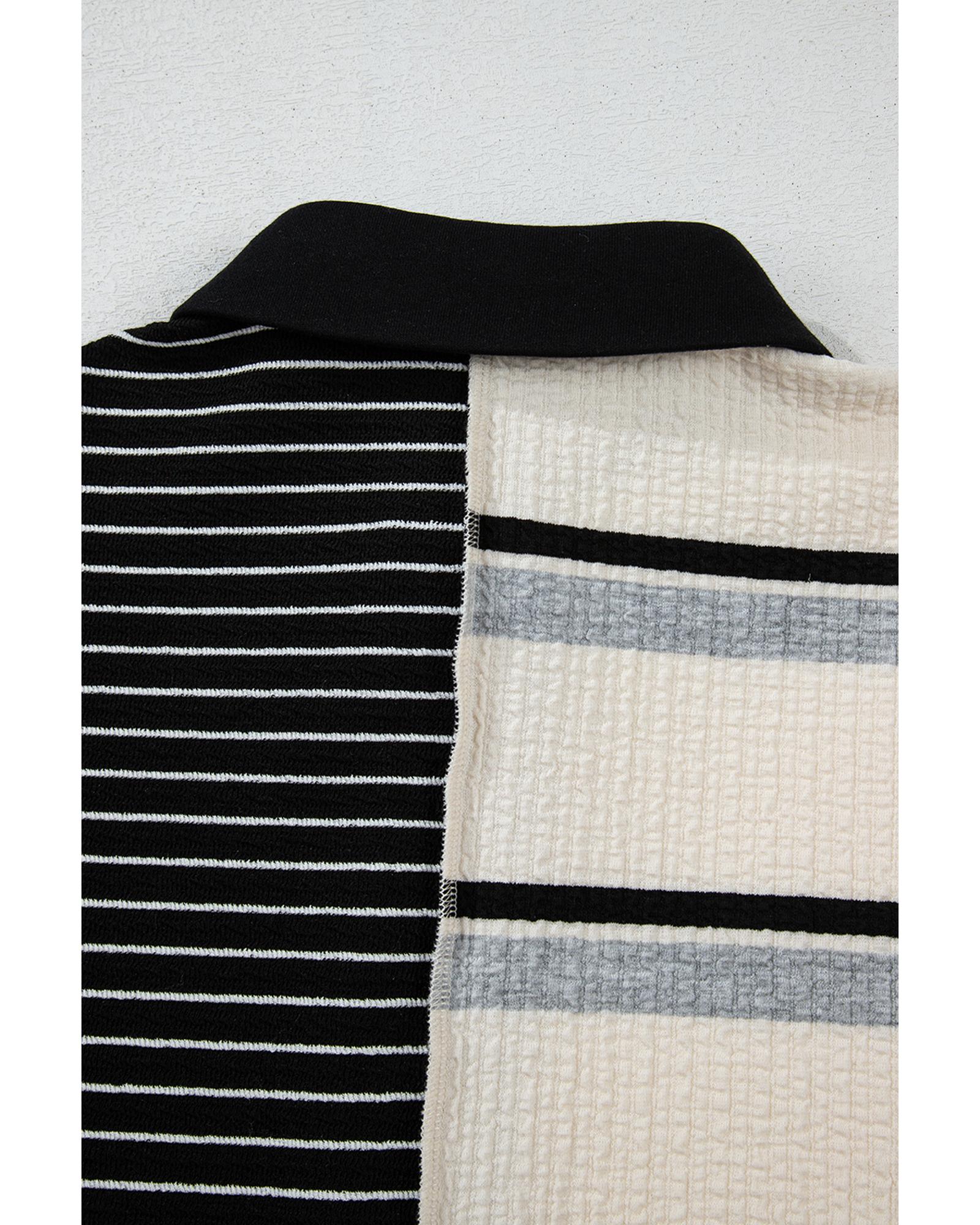 Black Stripe Colorblock Knit Henley Collar Shift Long Sleeve Mini Dress - M