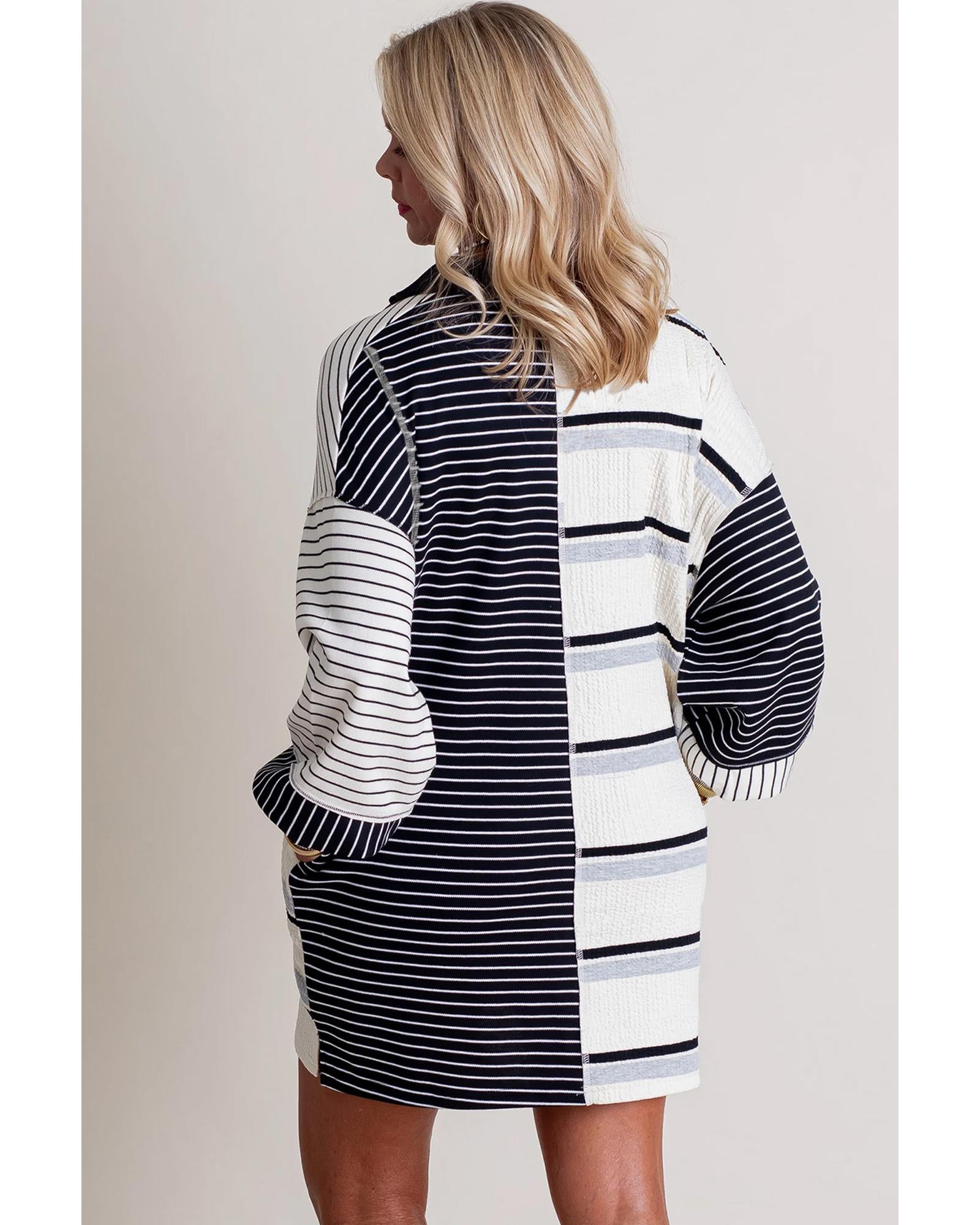Black Stripe Colorblock Knit Henley Collar Shift Long Sleeve Mini Dress - M 8