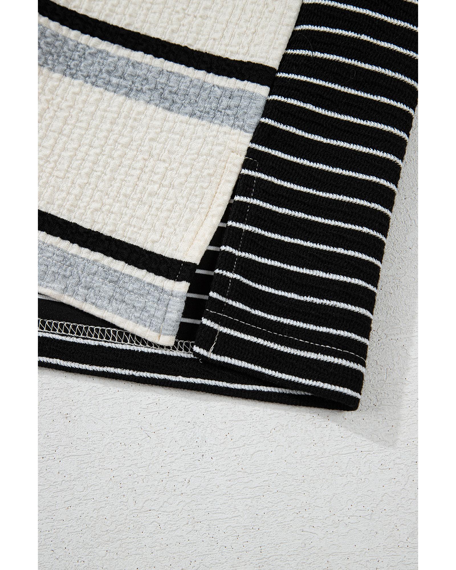 Black Stripe Colorblock Knit Henley Collar Shift Long Sleeve Mini Dress - XL