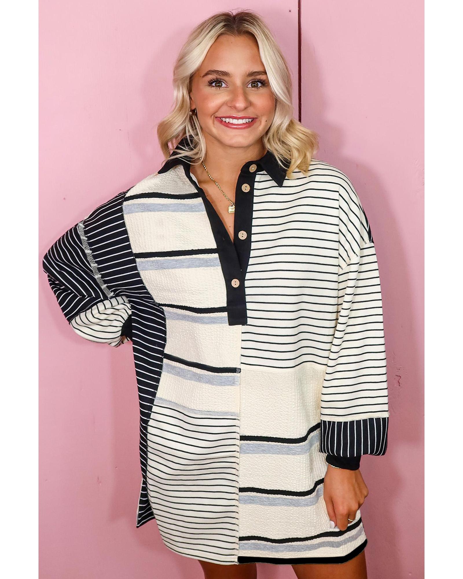 Black Stripe Colorblock Knit Henley Collar Shift Long Sleeve Mini Dress - XL 7