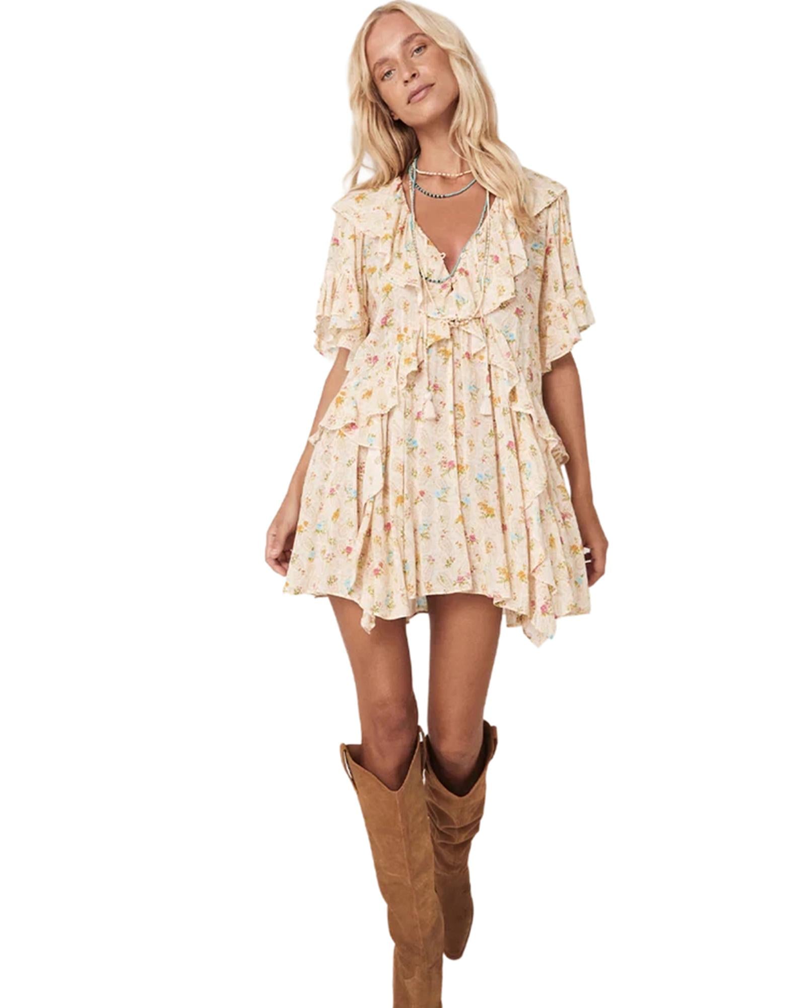 Apricot Boho Floral Tassel Tie V Neck Ruffle Wide Sleeve Mini Dress - M 3