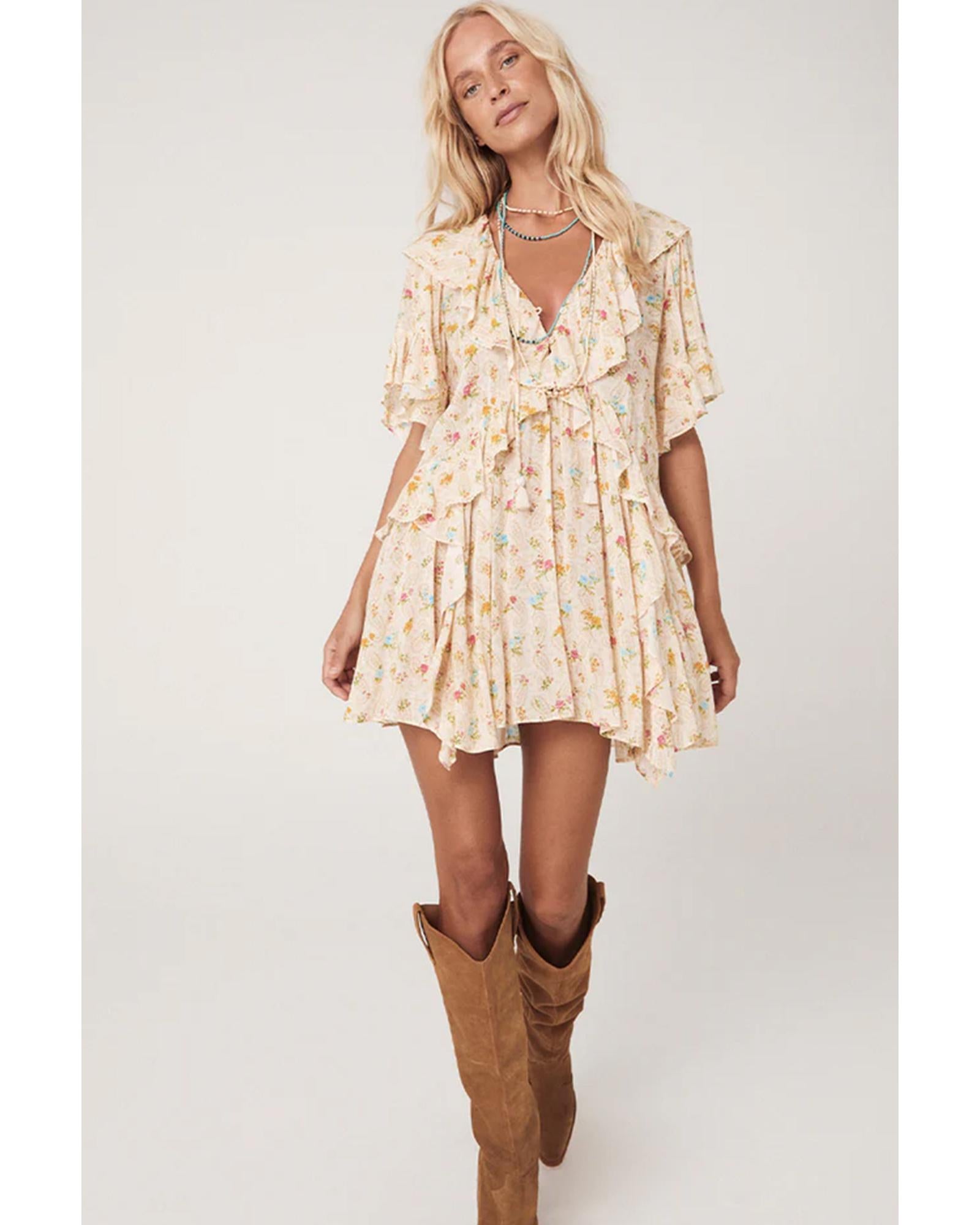 Apricot Boho Floral Tassel Tie V Neck Ruffle Wide Sleeve Mini Dress - M 4