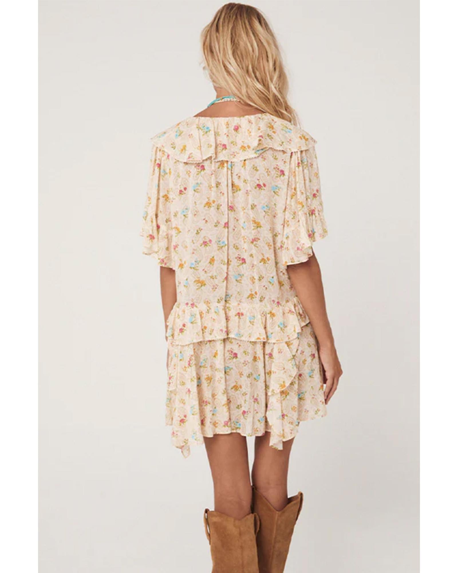 Apricot Boho Floral Tassel Tie V Neck Ruffle Wide Sleeve Mini Dress - M 5