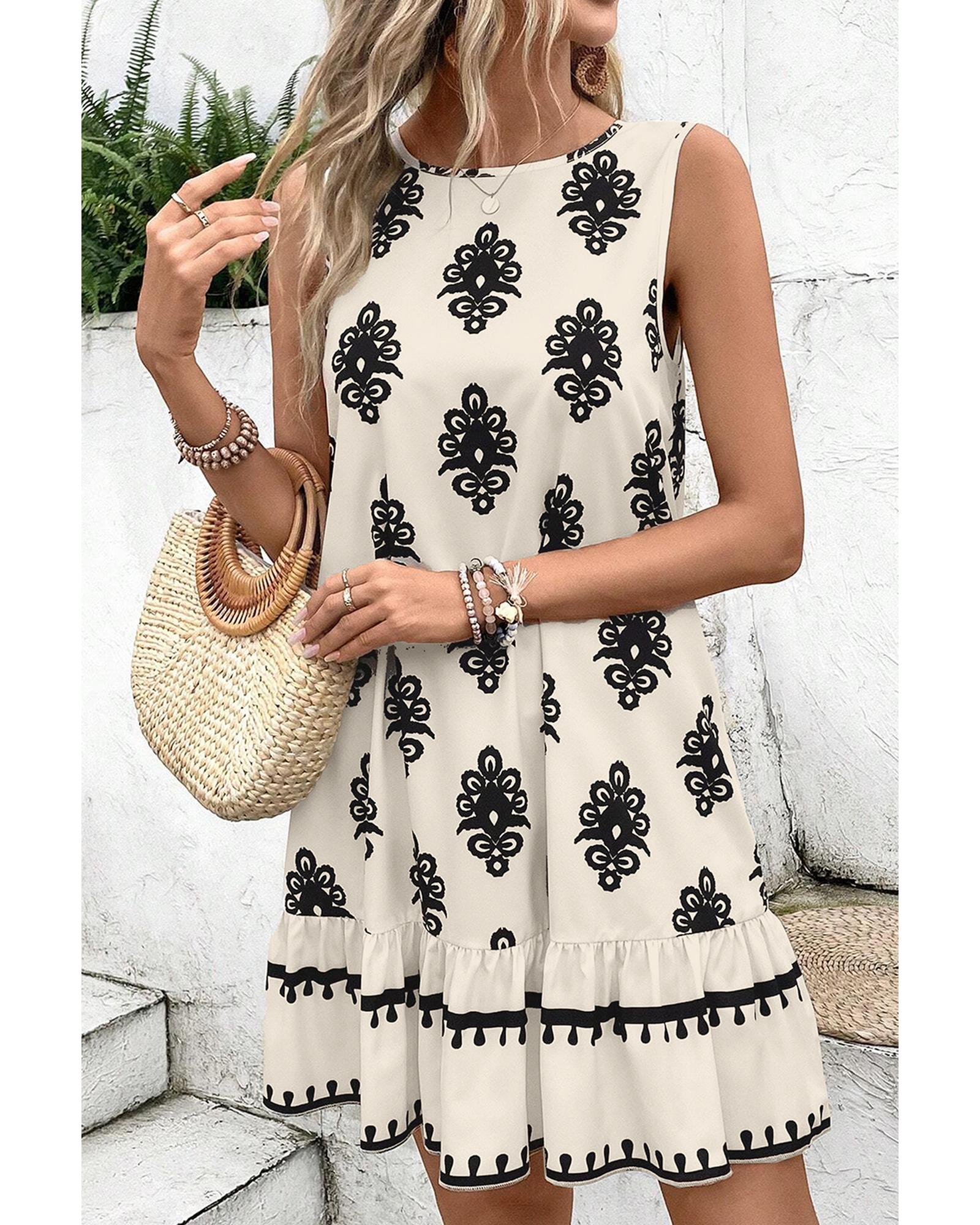 Beige Geometric Printed Sleeveless Hollowed Bowknot Back Mini Dress - M