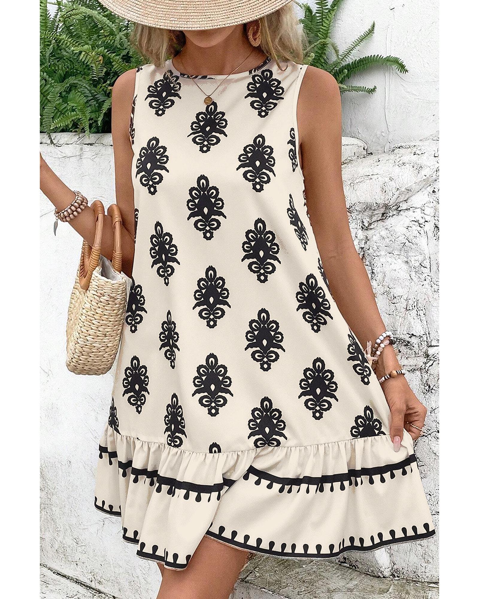 Beige Geometric Printed Sleeveless Hollowed Bowknot Back Mini Dress - M