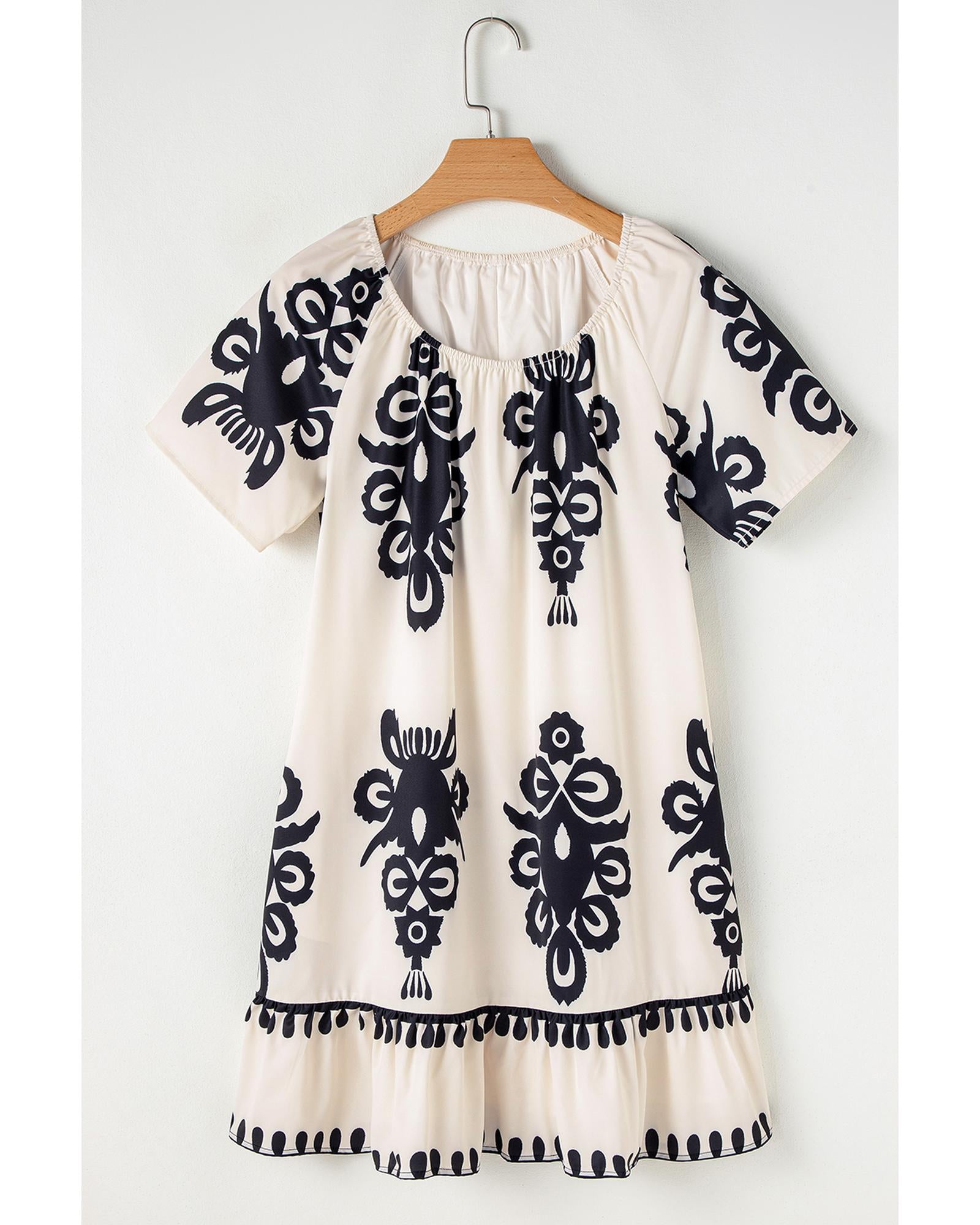 Apricot Western Print Ruffled Short Sleeve Loose Dress - L