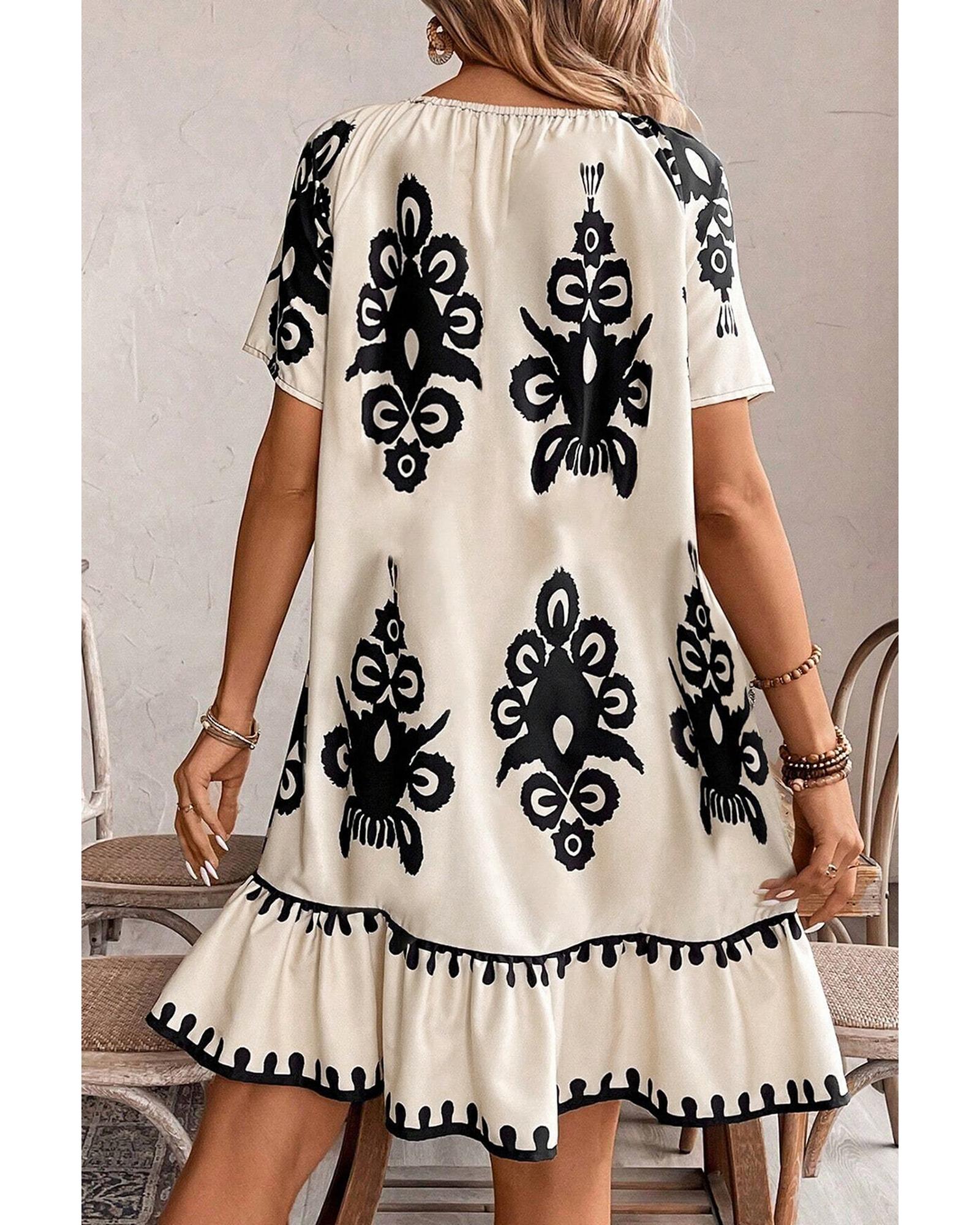 Apricot Western Print Ruffled Short Sleeve Loose Dress - M 4
