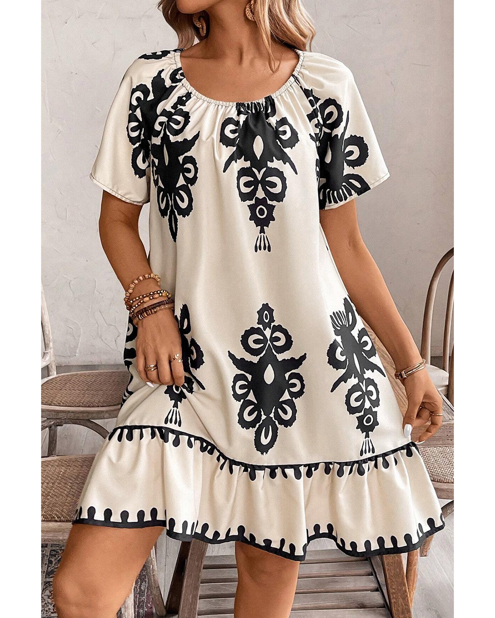Apricot Western Print Ruffled Short Sleeve Loose Dress - M 5