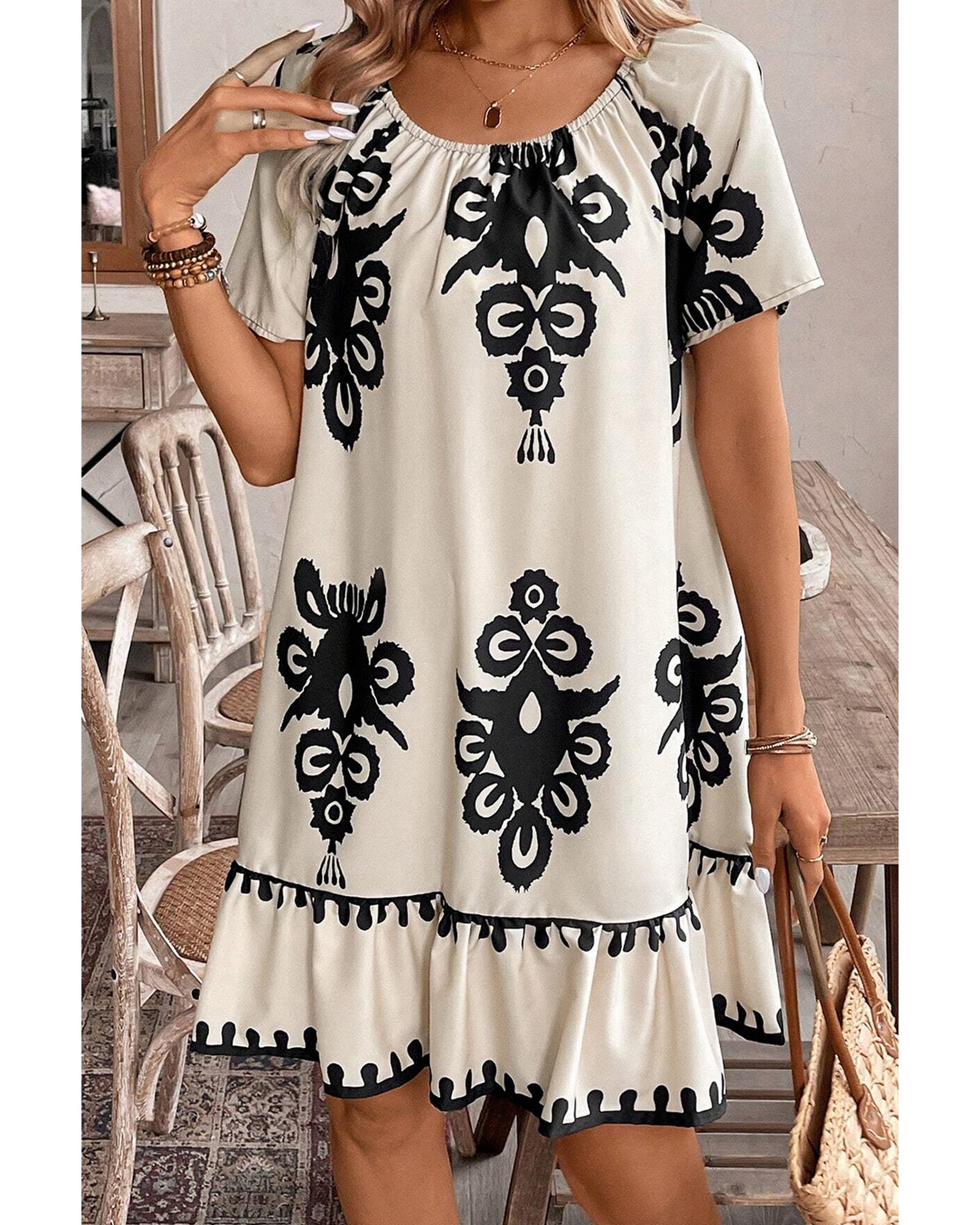 Apricot Western Print Ruffled Short Sleeve Loose Dress - M 7