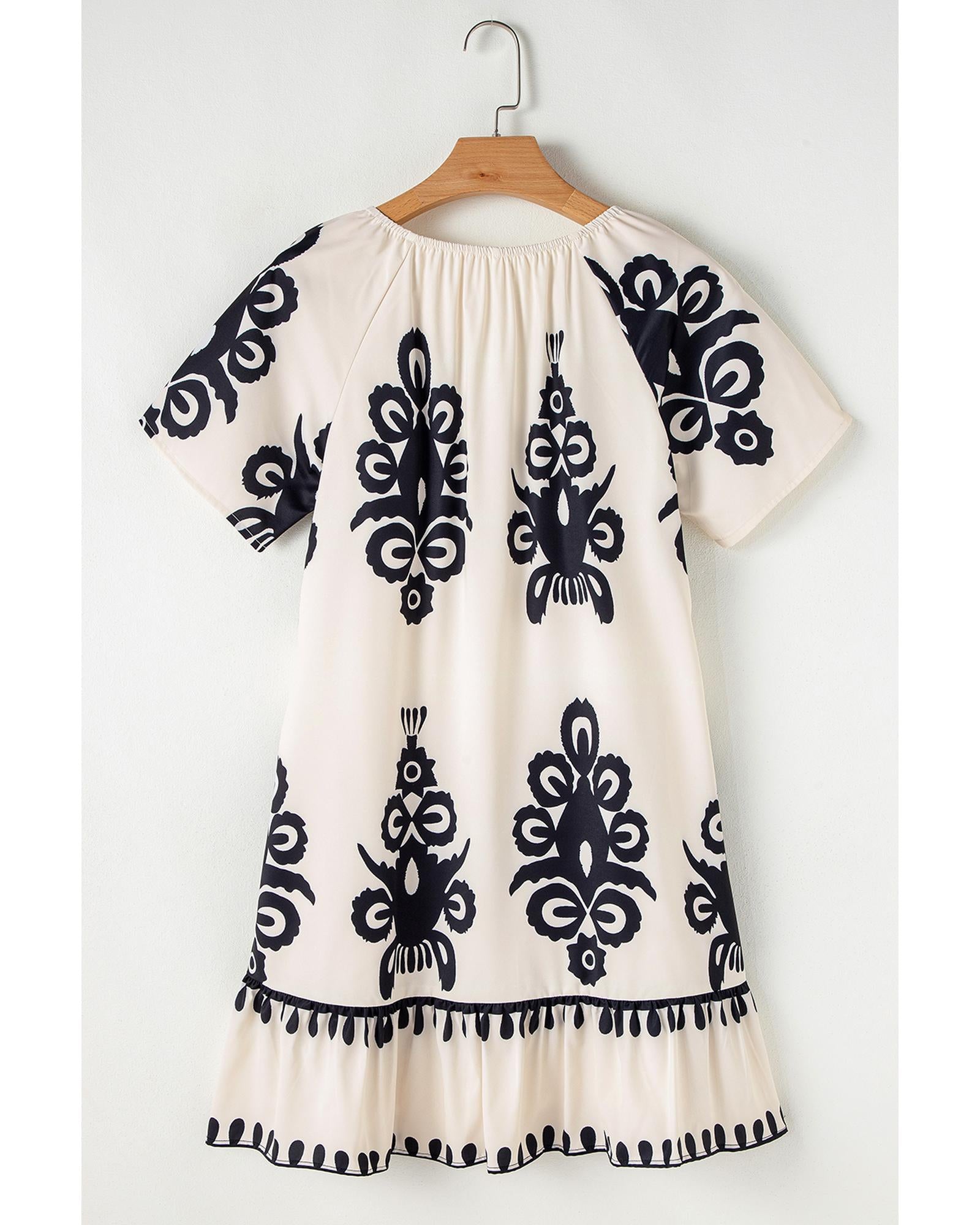 Apricot Western Print Ruffled Short Sleeve Loose Dress - XL 3